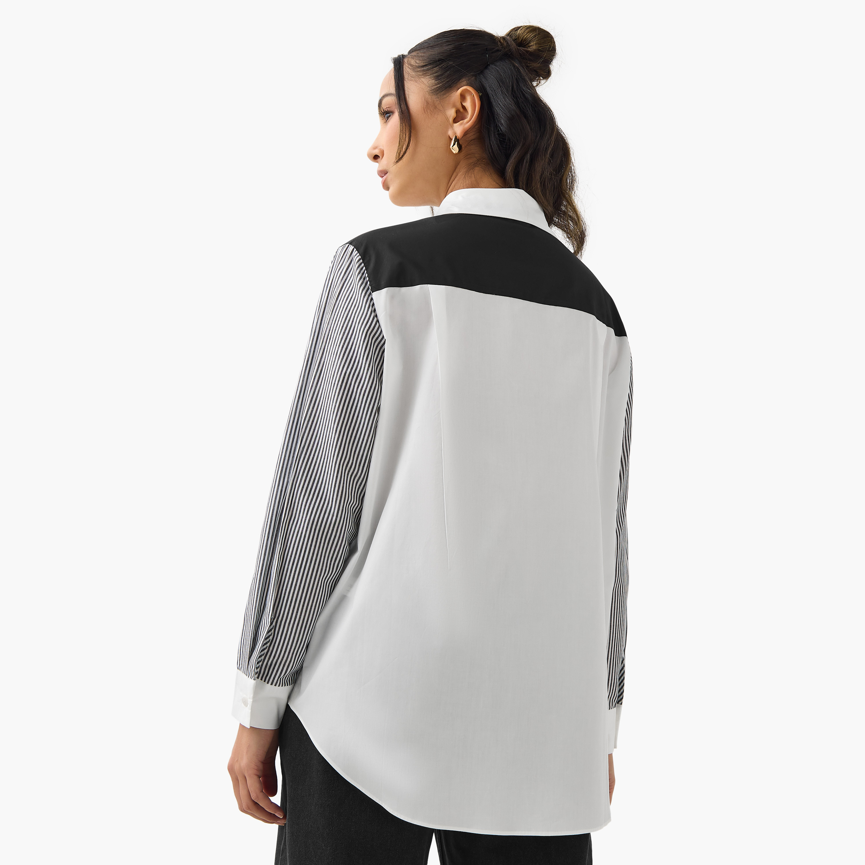 Regular Fit Striped Collared Cotton Shirt with Chest Pocket-women-clothing-shirtsandblouses-shirts-image-3