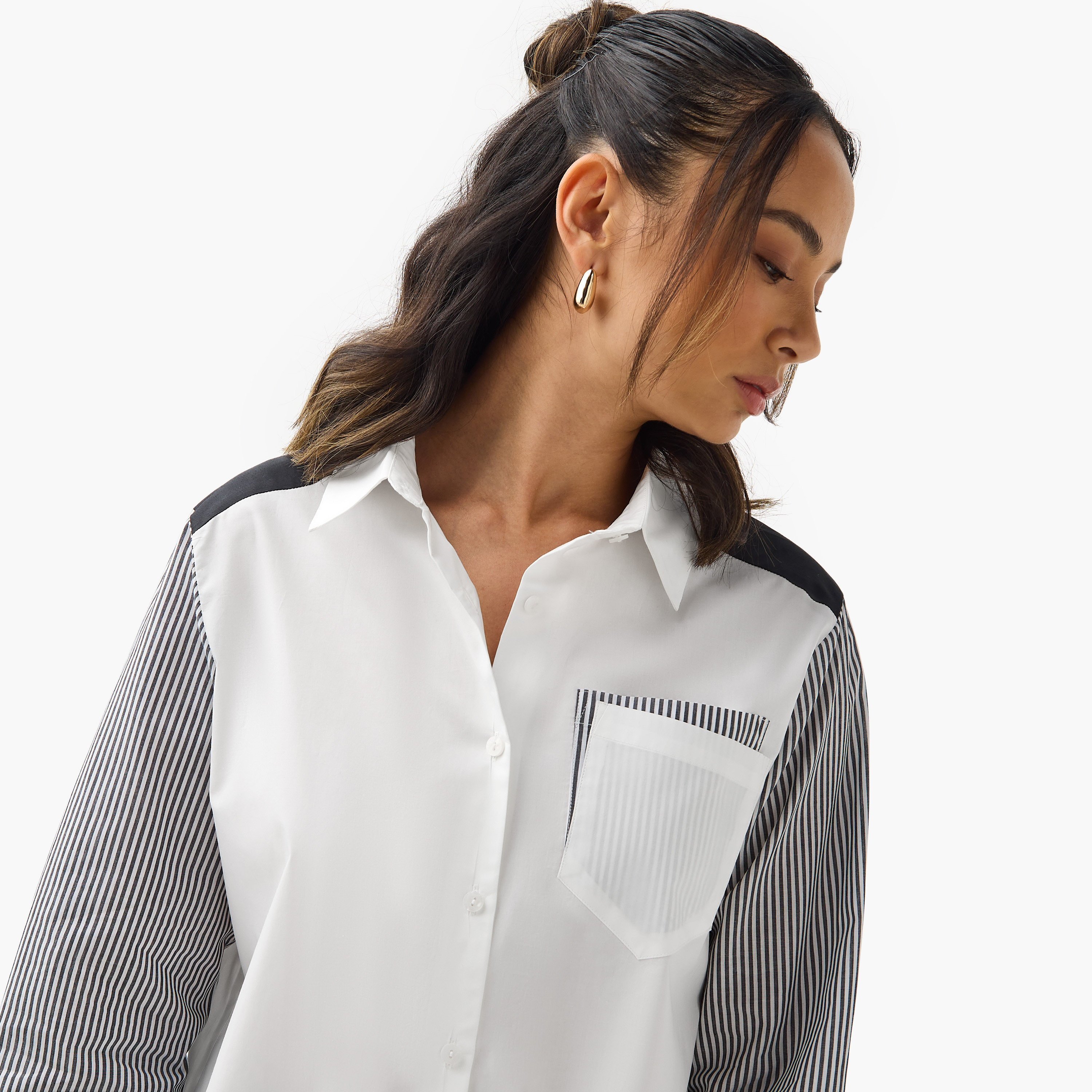 Regular Fit Striped Collared Cotton Shirt with Chest Pocket-women-clothing-shirtsandblouses-shirts-image-4