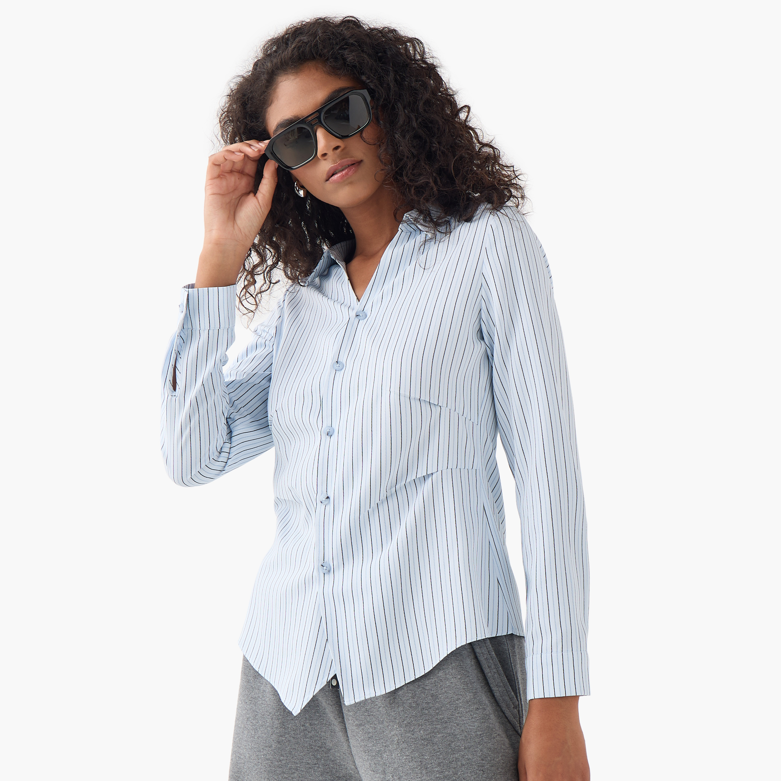 Slim Fit Striped Collared Shirt-women-clothing-shirtsandblouses-shirts-image-1