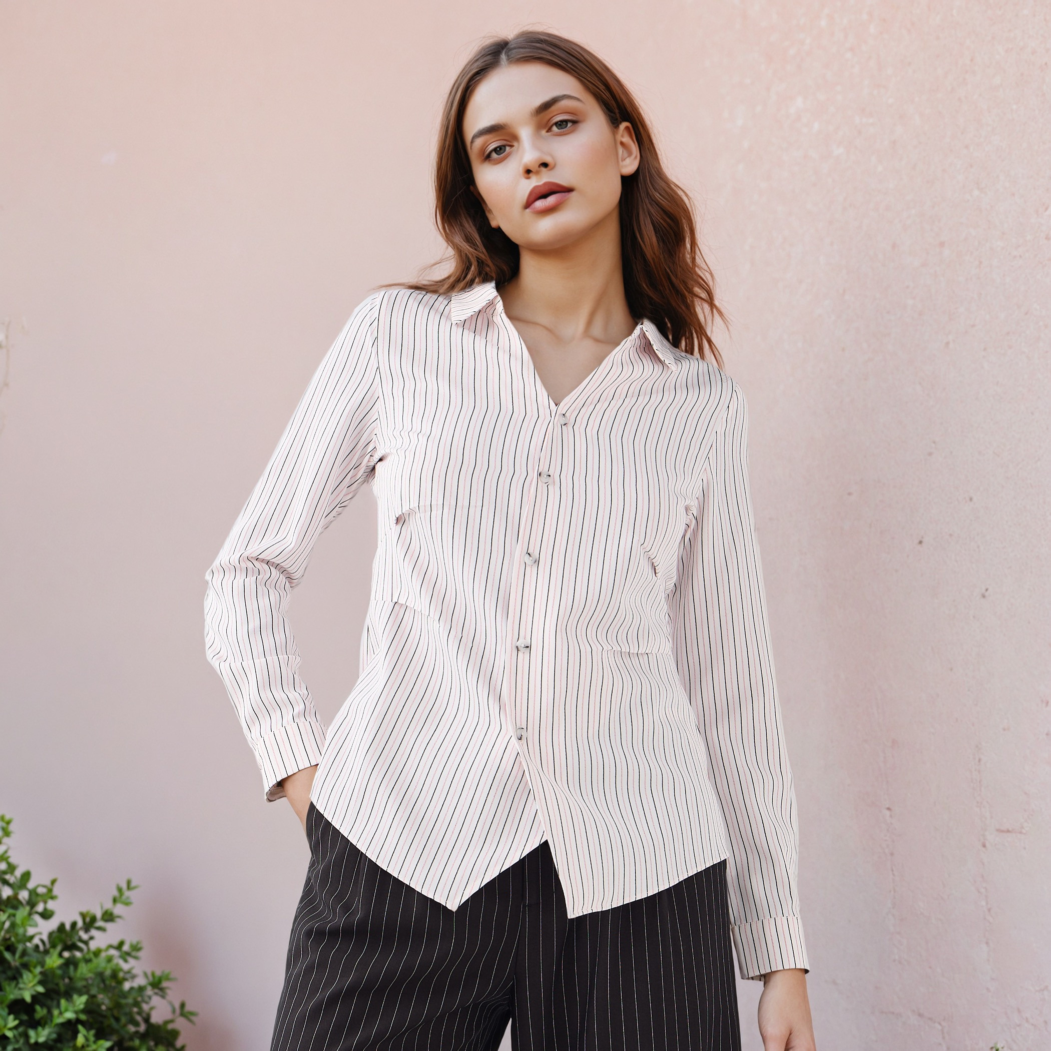 Slim Fit Striped Collared Shirt-women-clothing-shirtsandblouses-shirts-image-1