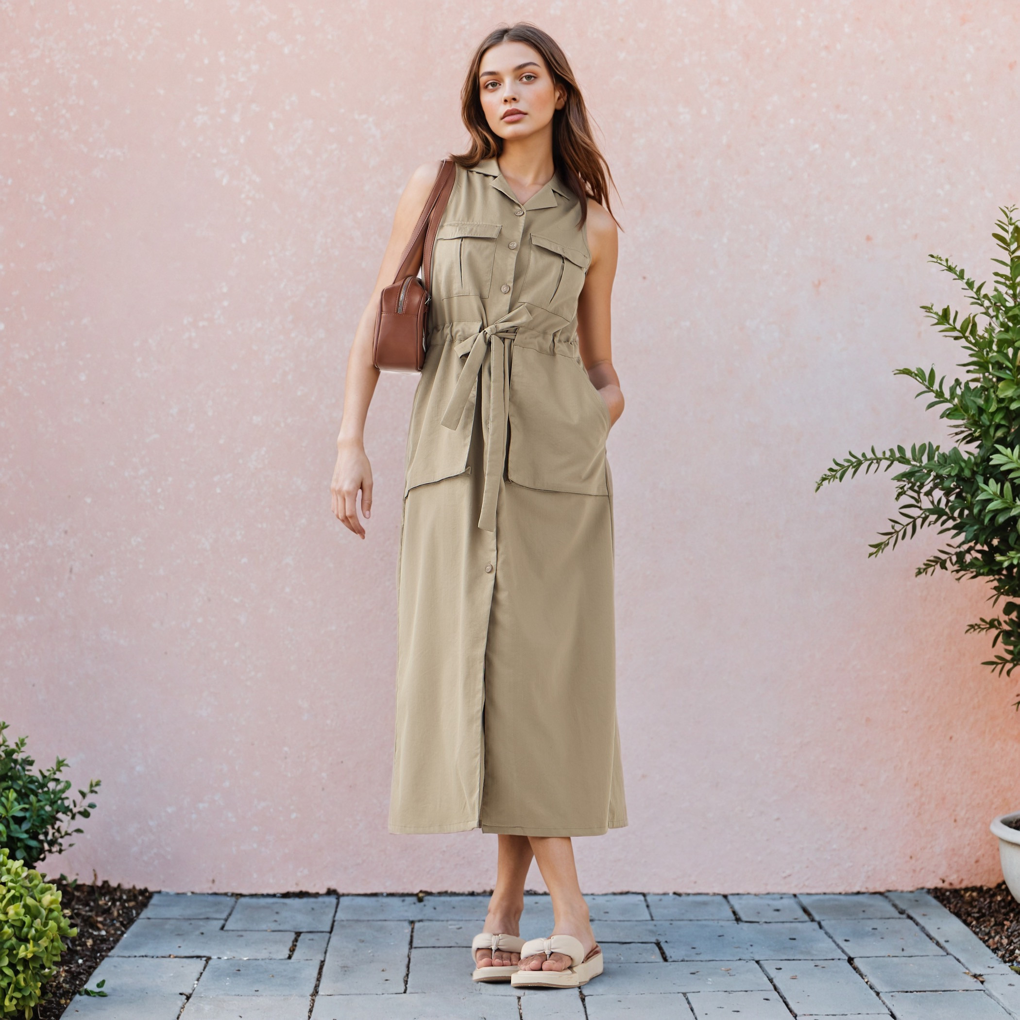 Sleeveless Midi Shirt Dress with Detachable Belt and Pockets-women-clothing-dresses-image-1