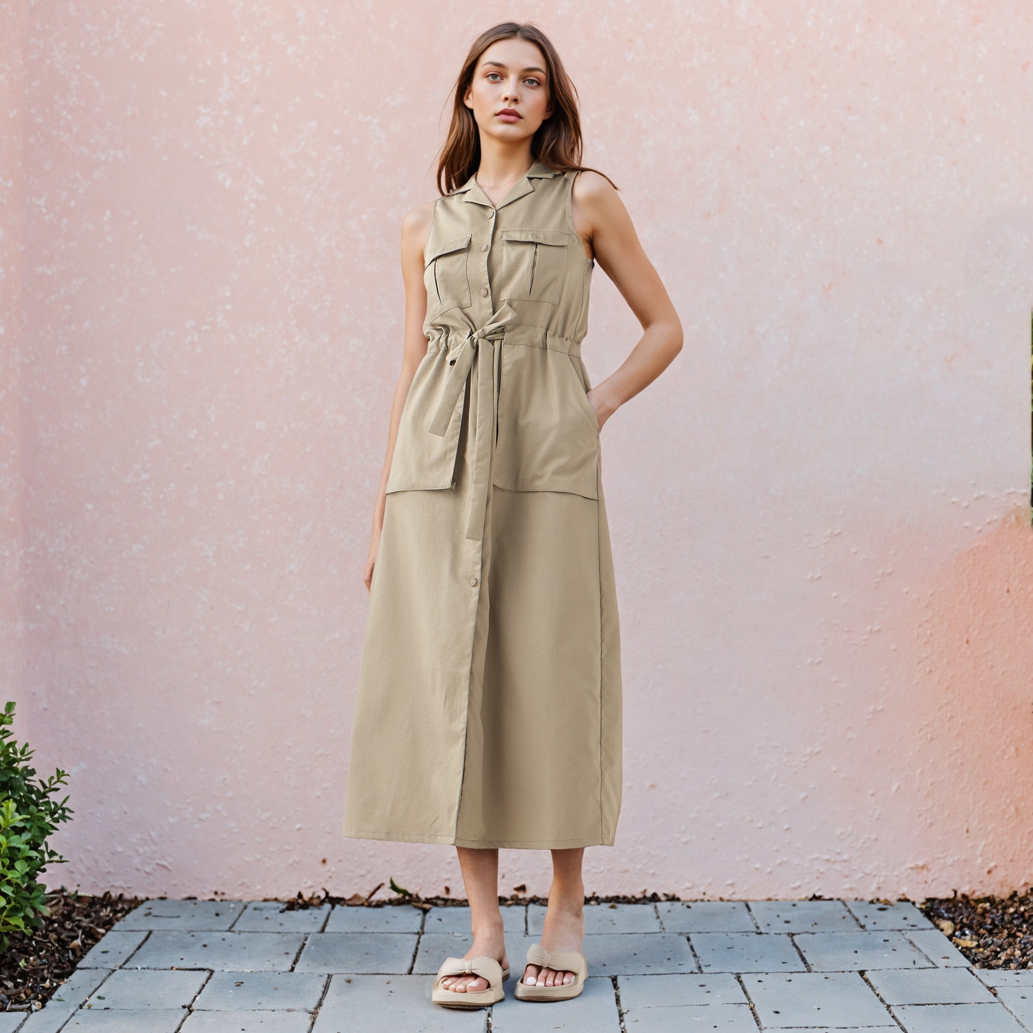 Sleeveless Midi Shirt Dress with Detachable Belt and Pockets-women-clothing-dresses-image-2