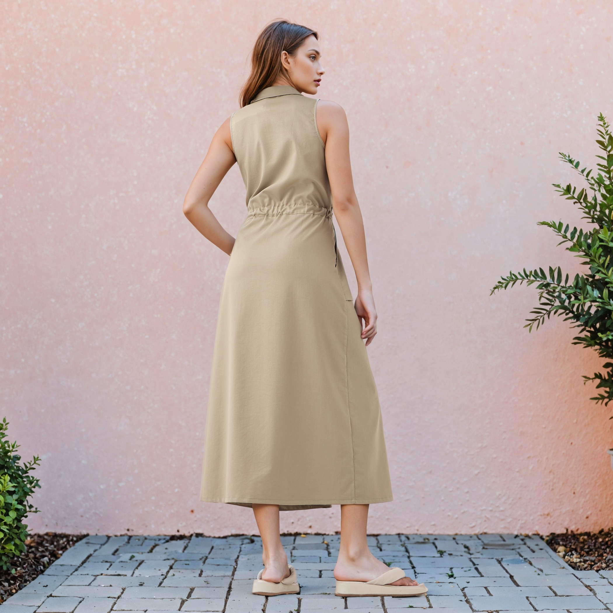 Sleeveless Midi Shirt Dress with Detachable Belt and Pockets-women-clothing-dresses-image-3