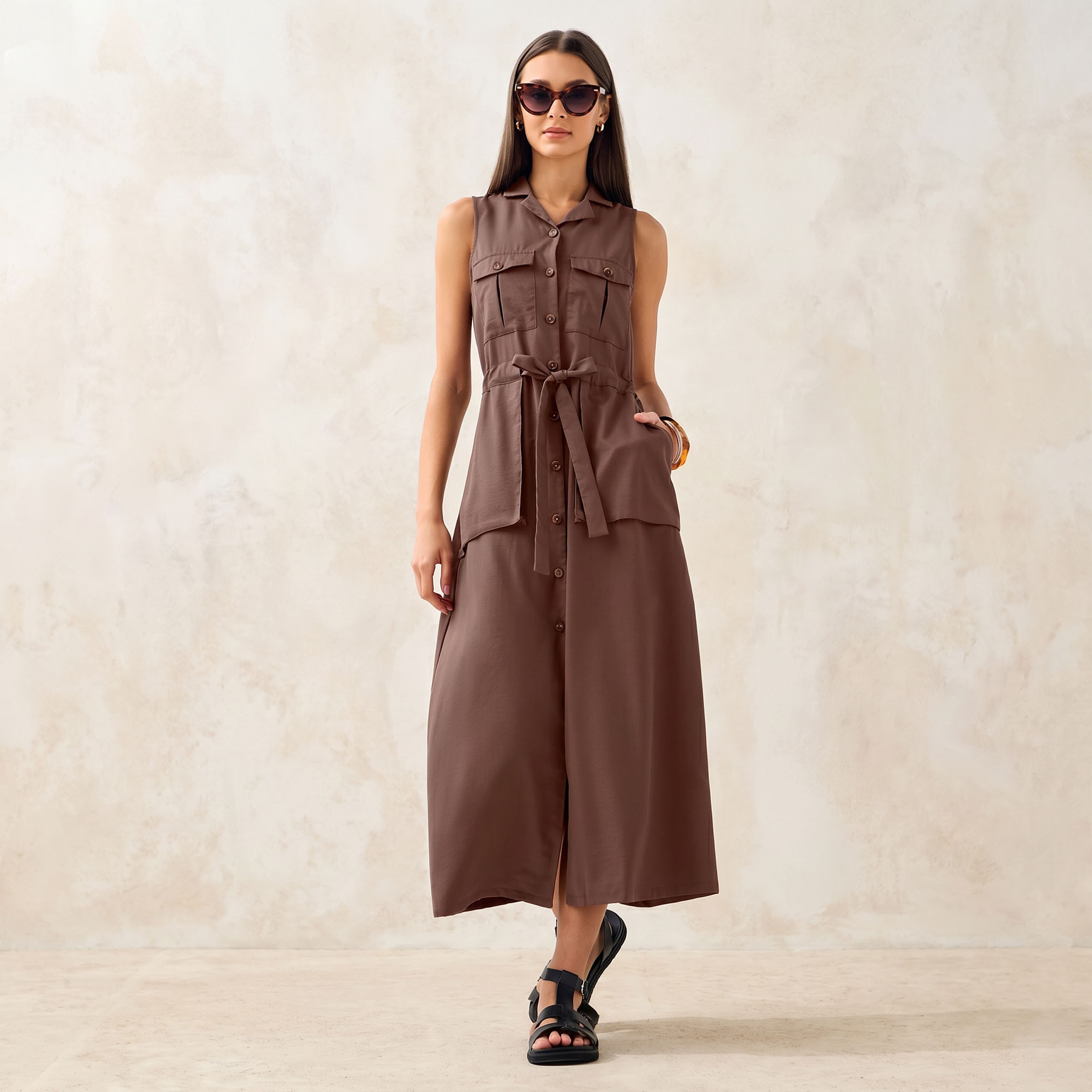 Sleeveless Midi Shirt Dress with Detachable Belt and Pockets-women-clothing-dresses-image-1