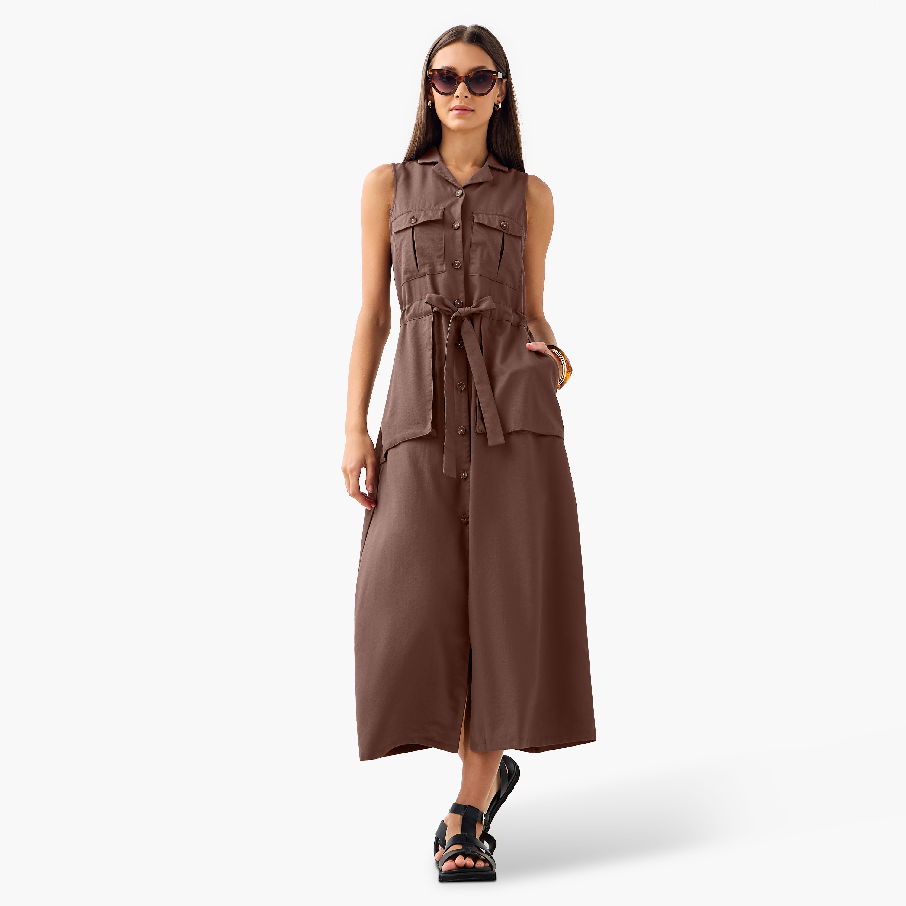 Sleeveless Midi Shirt Dress with Detachable Belt and Pockets-women-clothing-dresses-image-2