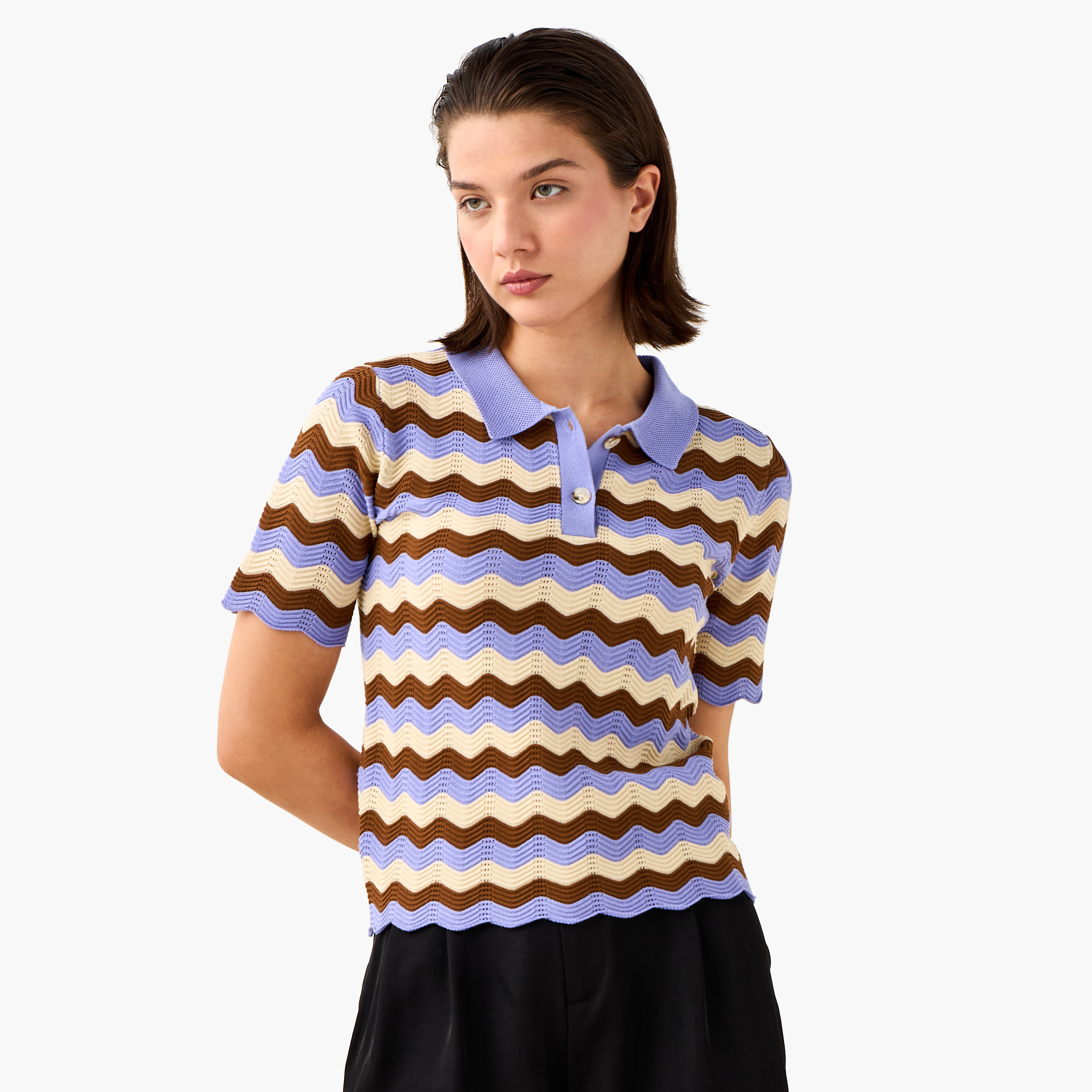 Ziz-Zag Textured Polo T-shirt with Short Sleeves-women-clothing-tshirts-image-1