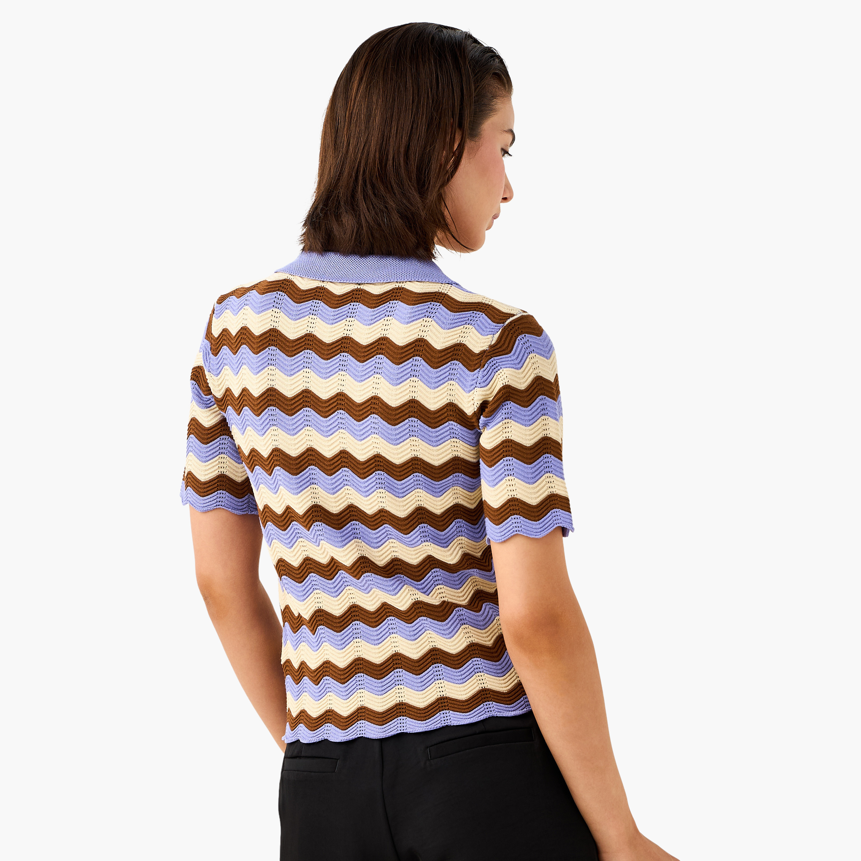 Ziz-Zag Textured Polo T-shirt with Short Sleeves-women-clothing-tshirts-image-3
