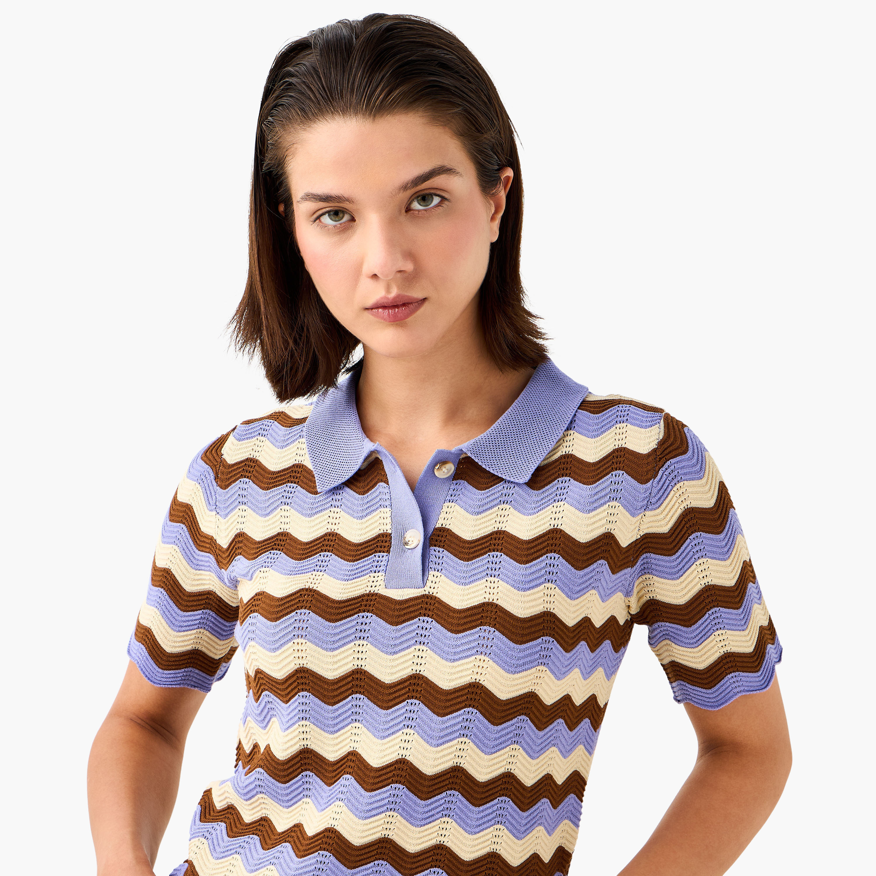 Ziz-Zag Textured Polo T-shirt with Short Sleeves-women-clothing-tshirts-image-4