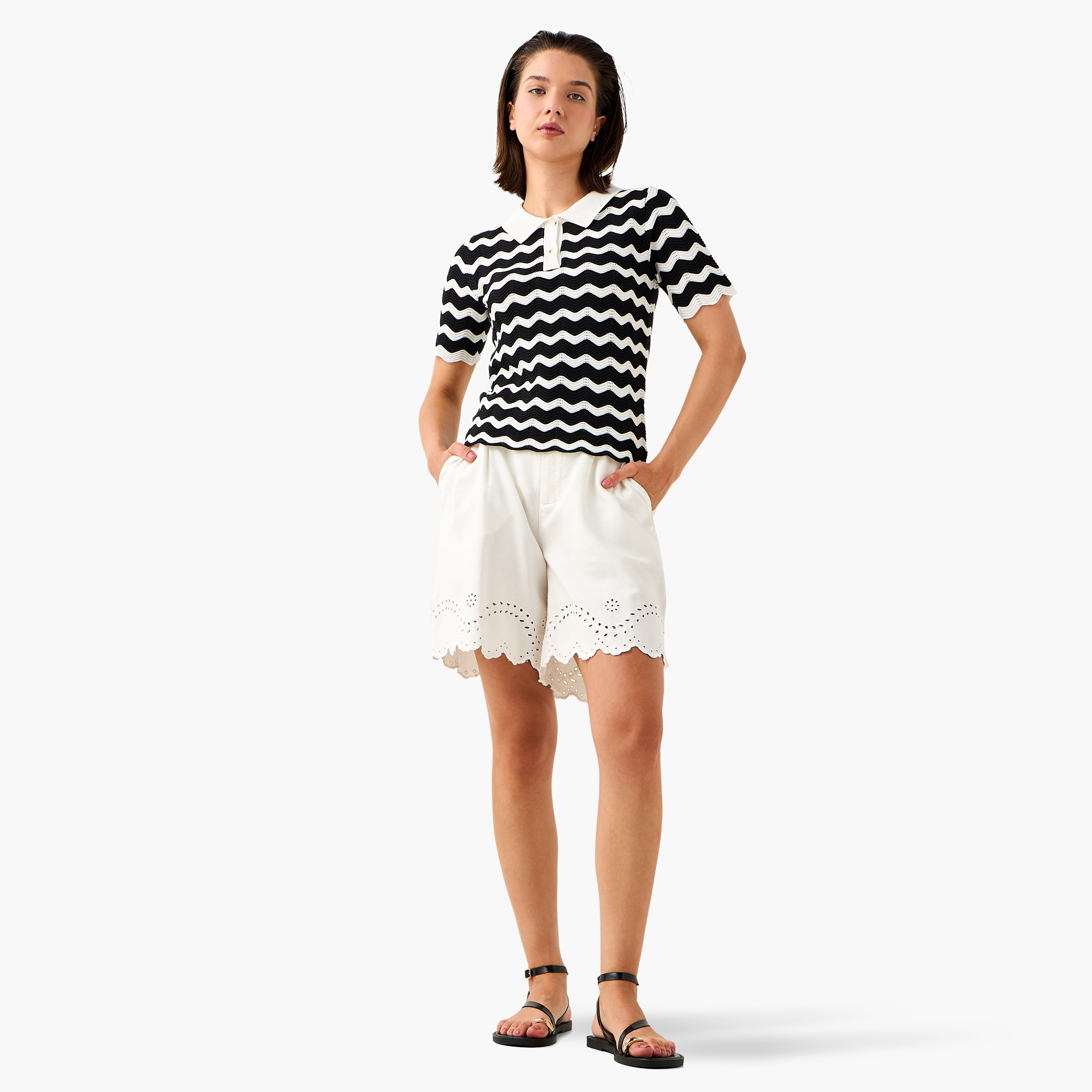 Ziz-Zag Textured Polo T-shirt with Short Sleeves-women-clothing-tshirts-image-2