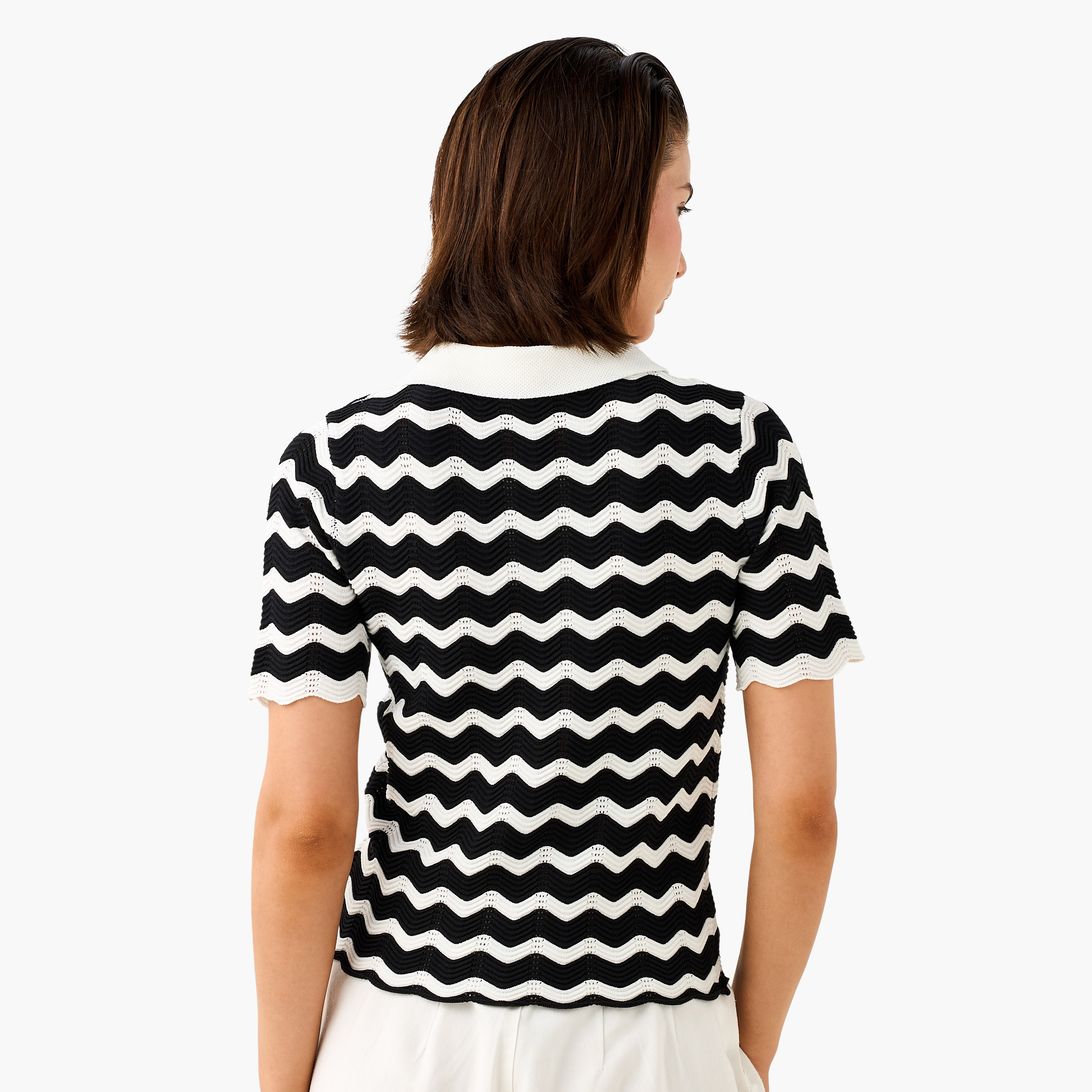 Ziz-Zag Textured Polo T-shirt with Short Sleeves-women-clothing-tshirts-image-3