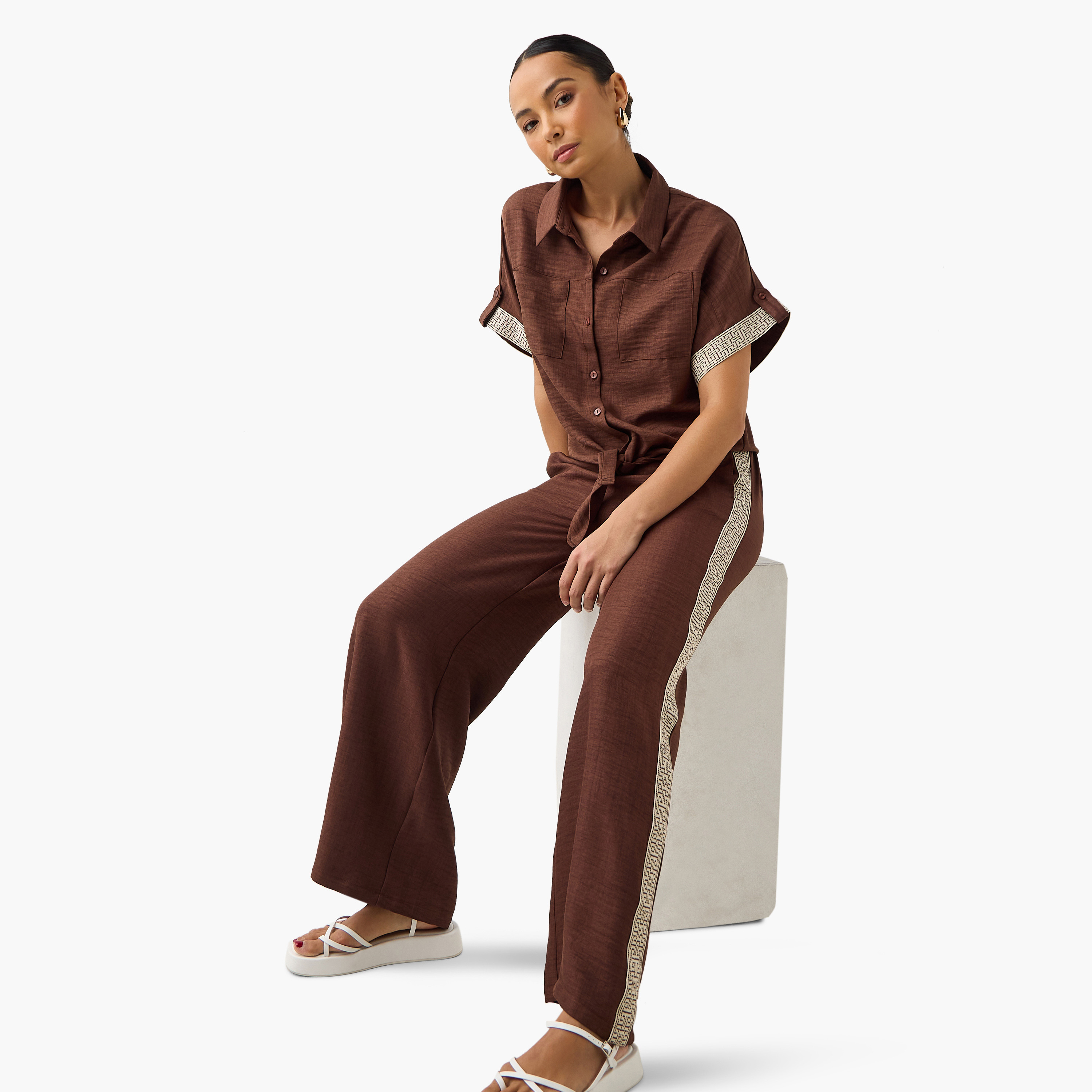 Panel Detail Regular Fit Pants with Semi-Elasticated Waistband-women-clothing-coordsets-image-6