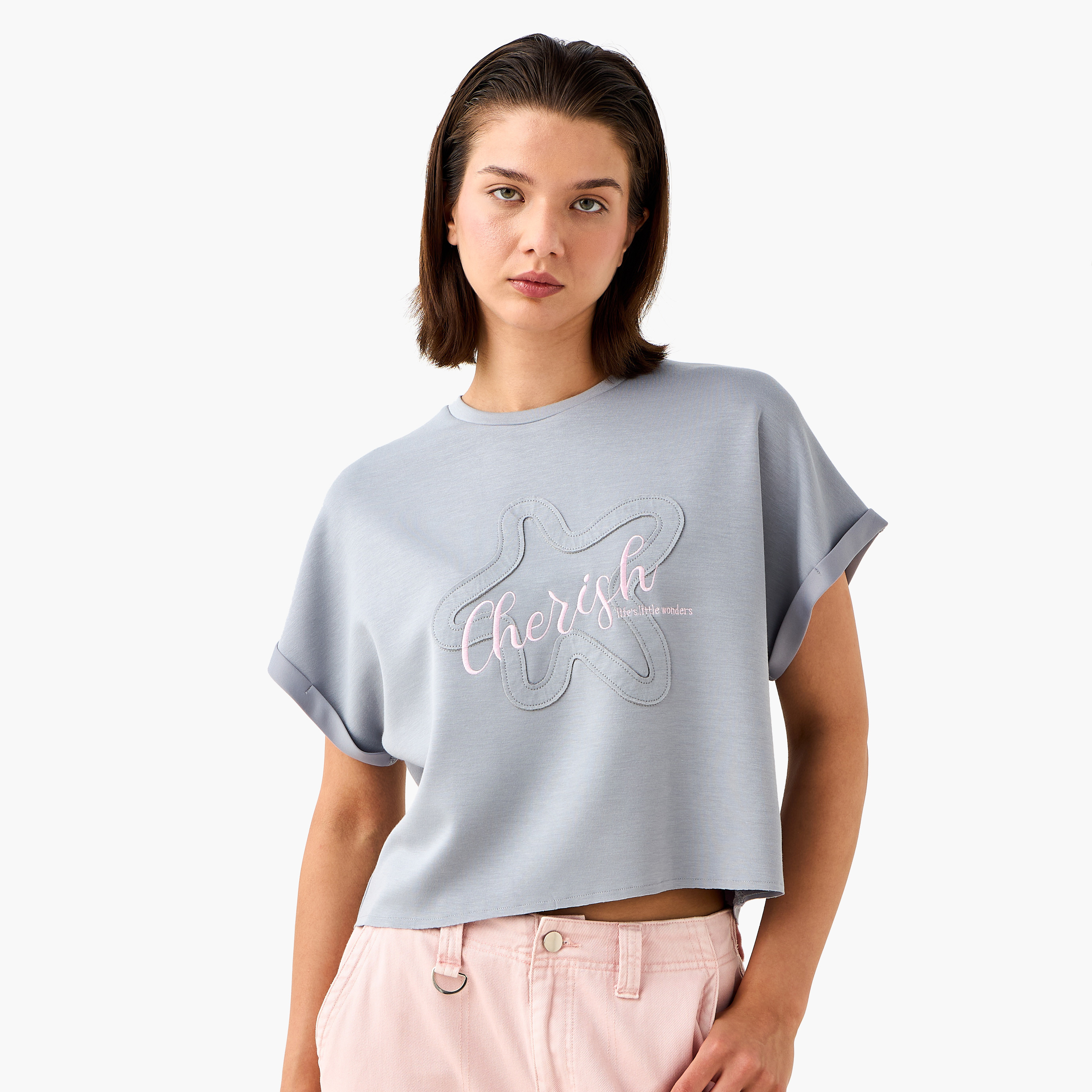 Printed Crew Neck T-shirt with Extended Short Sleeves-women-clothing-tshirts-image-1