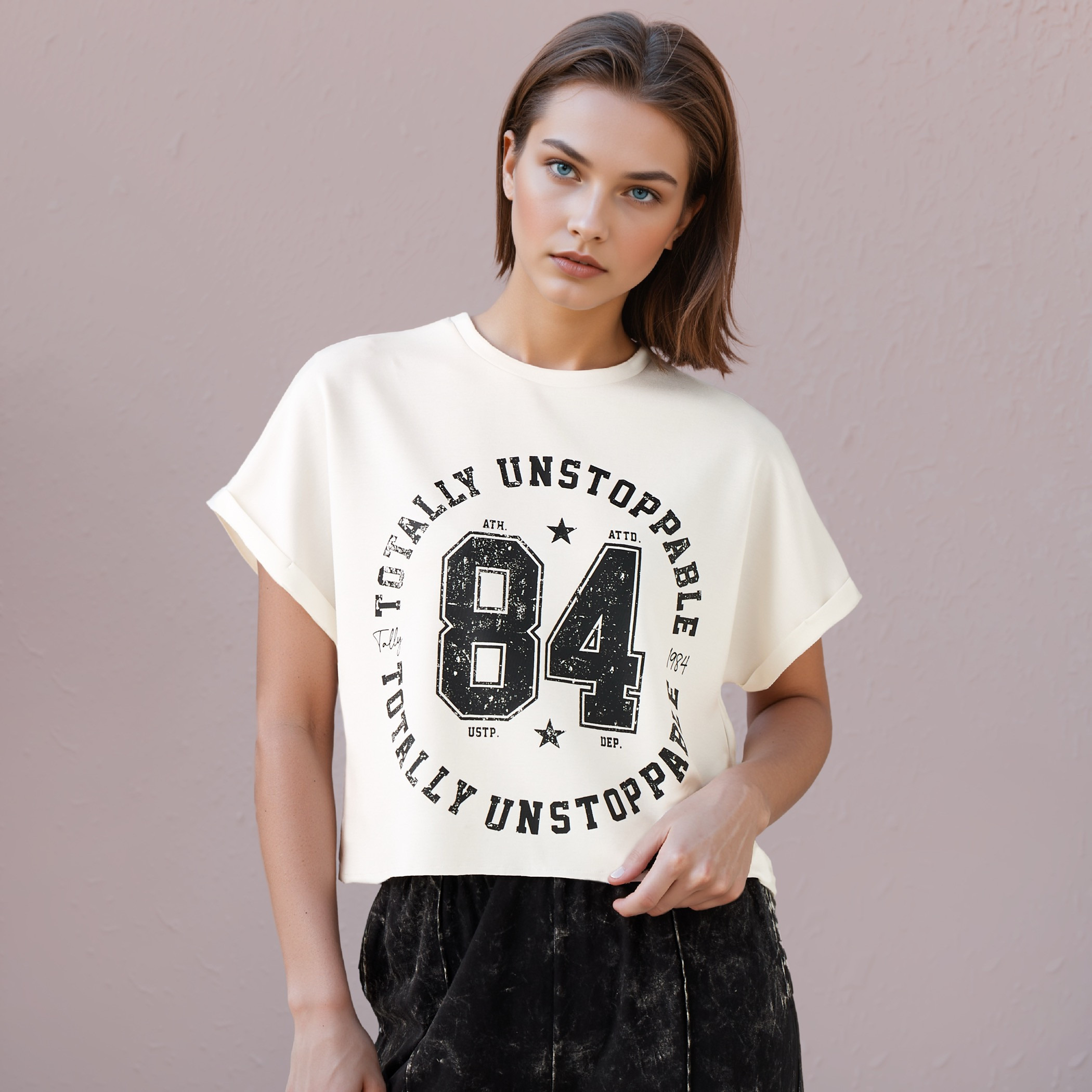 Printed Crew Neck T-shirt with Extended Short Sleeves-women-clothing-tshirts-image-1