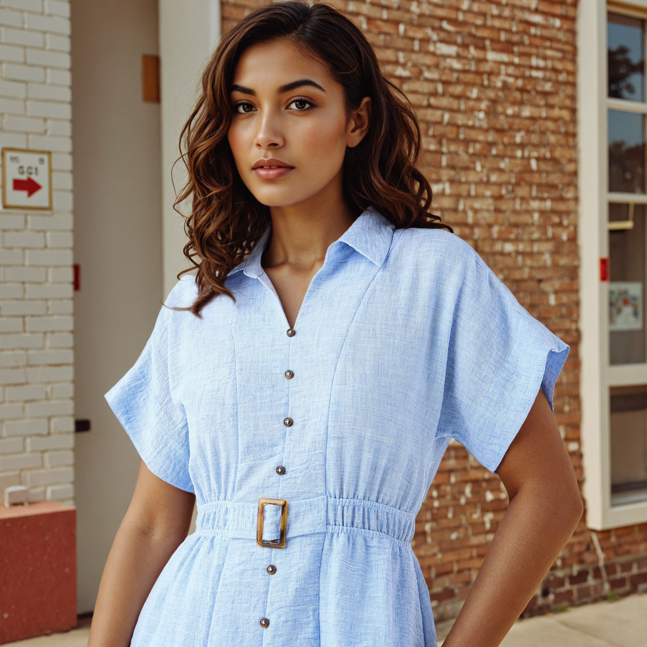 Belted Shirt Dress with Extended Short Sleeves-women-clothing-dresses-image-4
