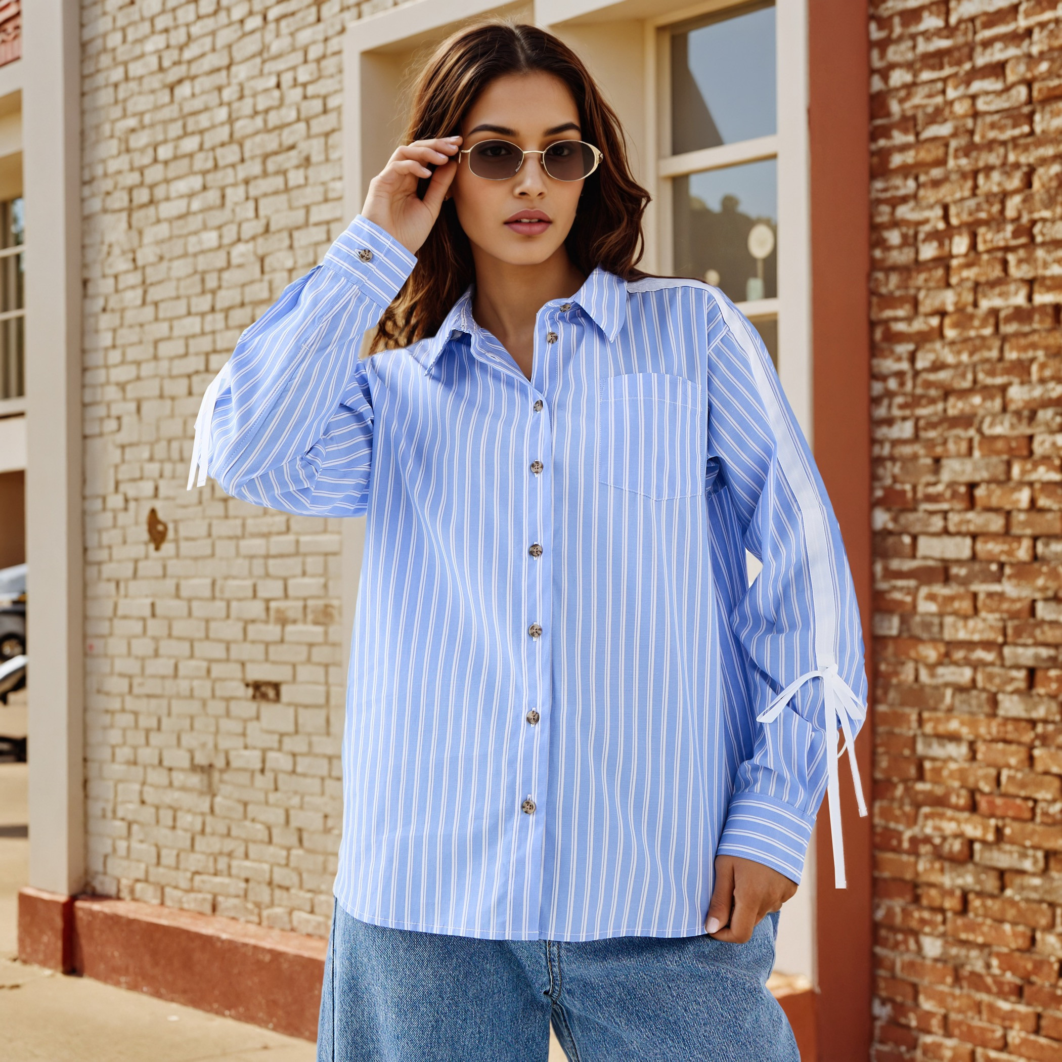 Striped Oxford Shirt with Tie-Up Detail and Chest Pocket-women-clothing-shirtsandblouses-shirts-image-1