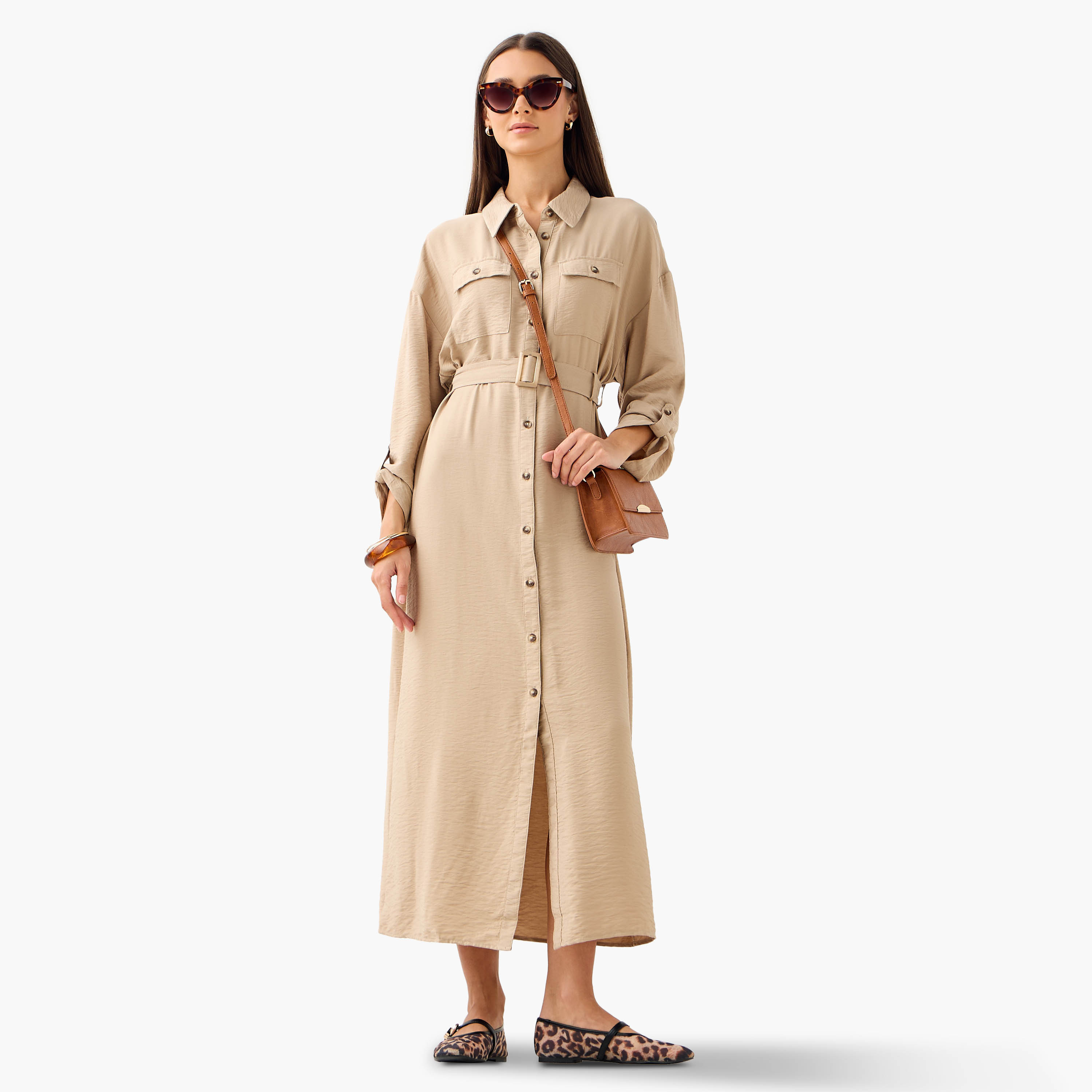 Maxi Shirt Dress with Pockets and Detachable Belt-women-clothing-dresses-image-1