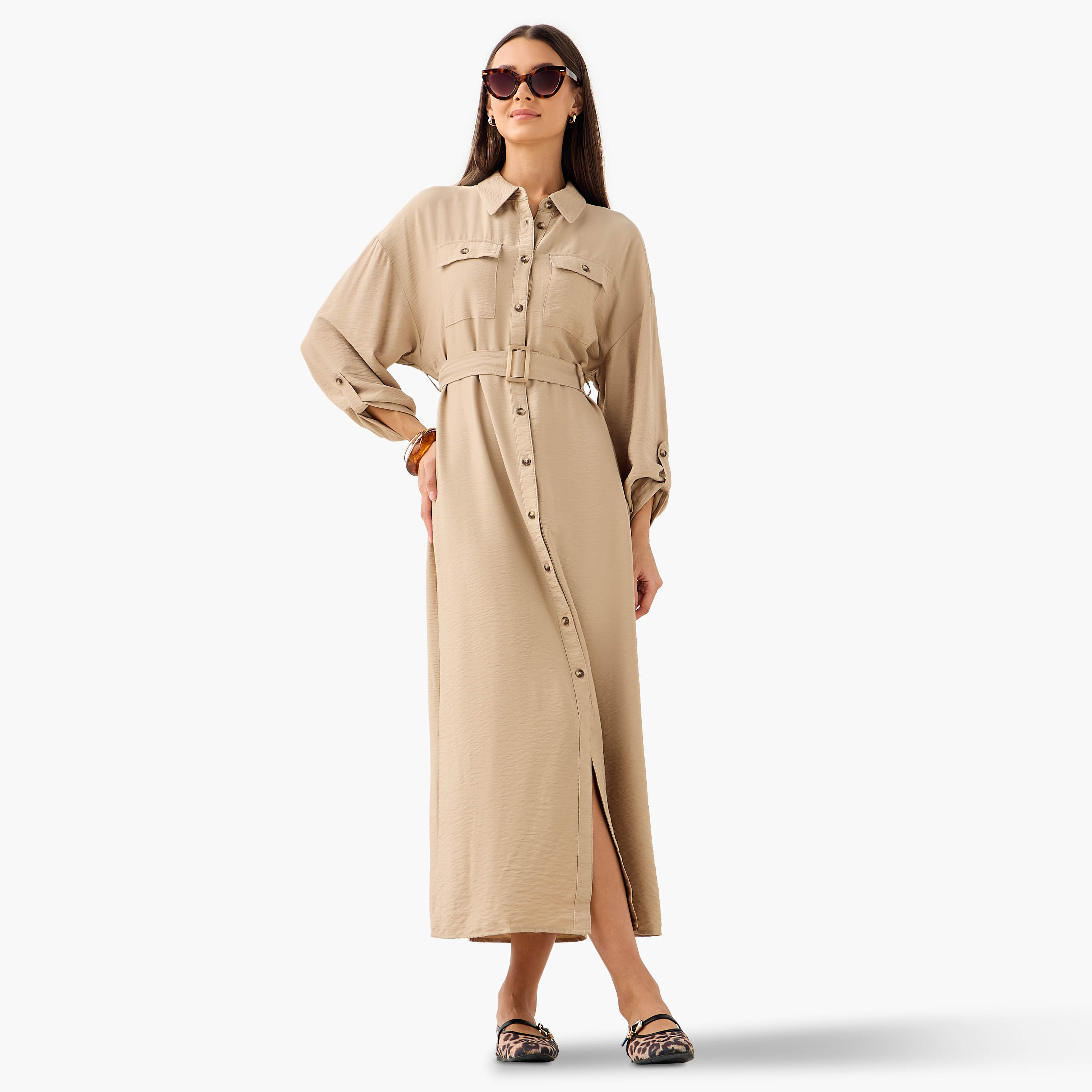 Maxi Shirt Dress with Pockets and Detachable Belt-women-clothing-dresses-image-2