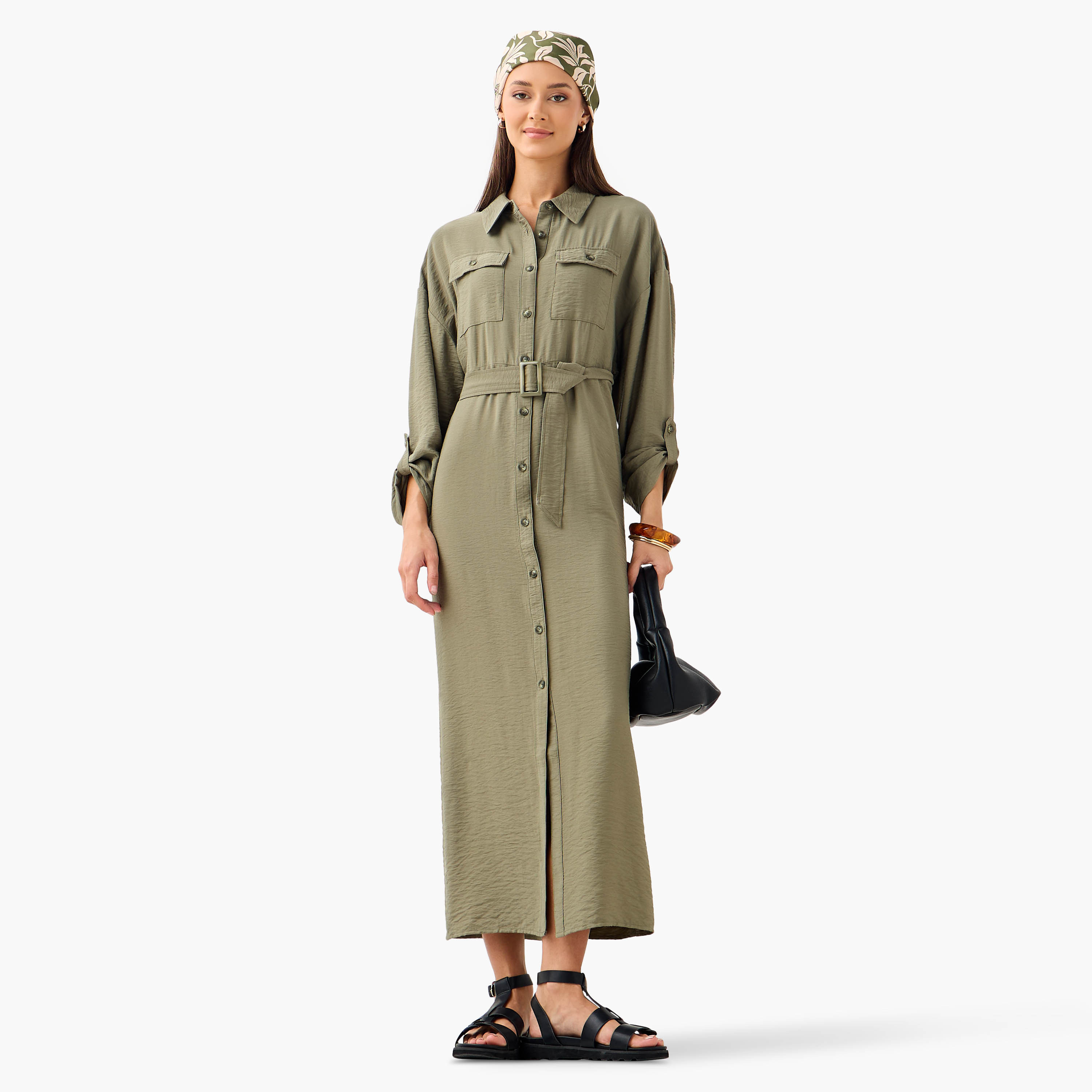 Maxi Shirt Dress with Pockets and Detachable Belt-women-clothing-dresses-image-1