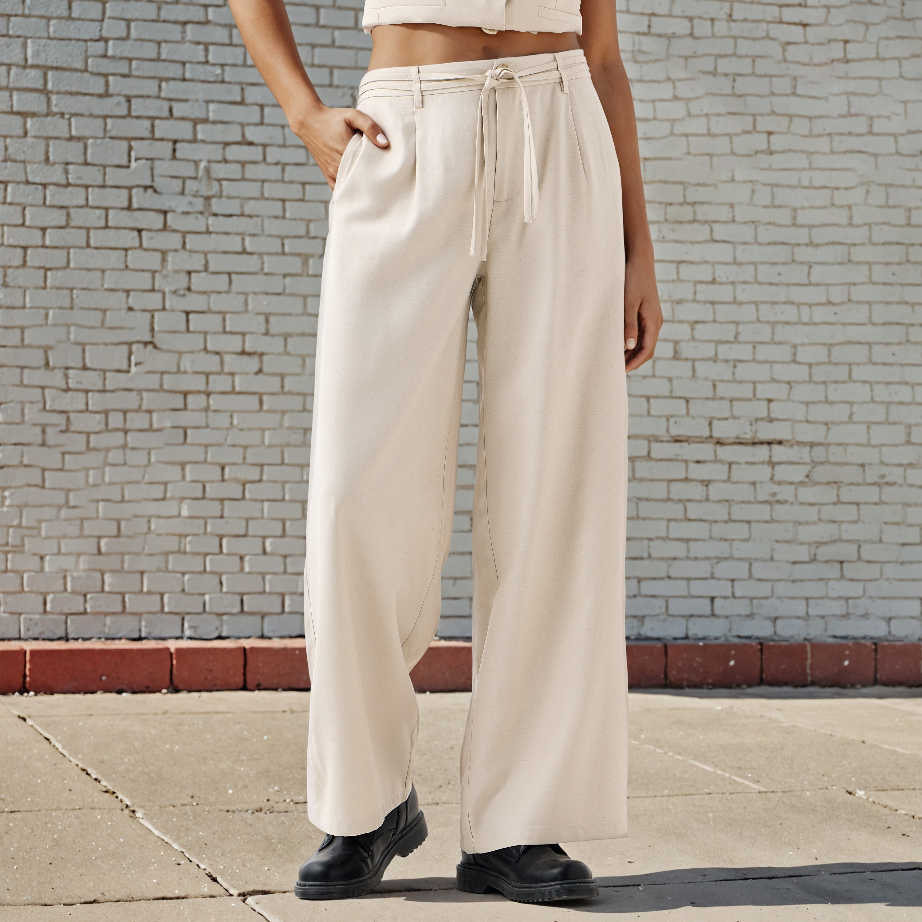 Regular Fit Linen Blend Pants with Tie-Up Belt-women-clothing-bottoms-trousers-image-1