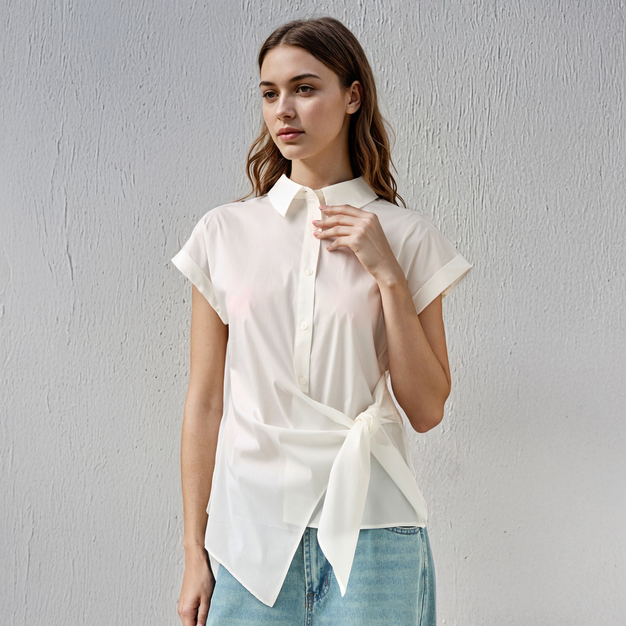 Knot Detail Shirt with Collar and Extended Short Sleeves-women-clothing-shirtsandblouses-shirts-image-1