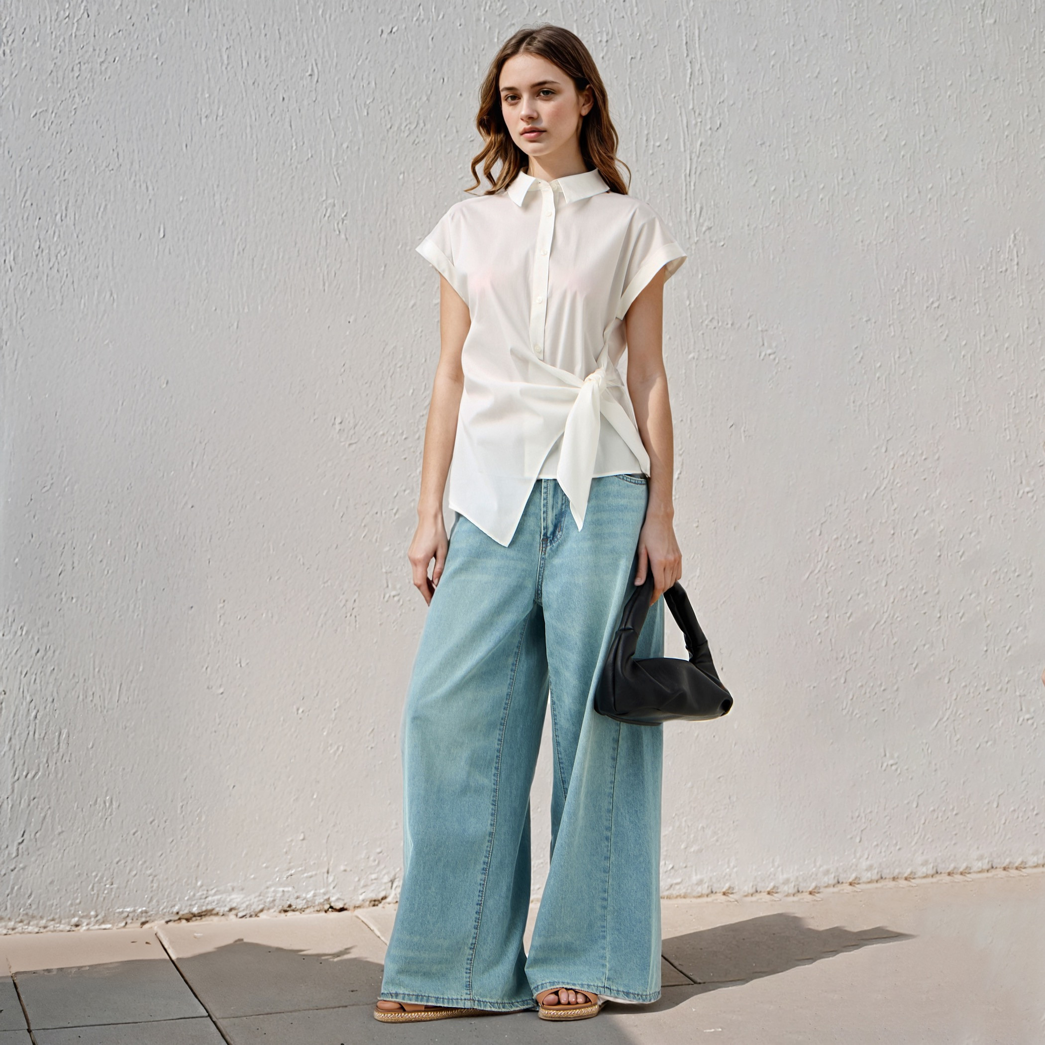 Knot Detail Shirt with Collar and Extended Short Sleeves-women-clothing-shirtsandblouses-shirts-image-2