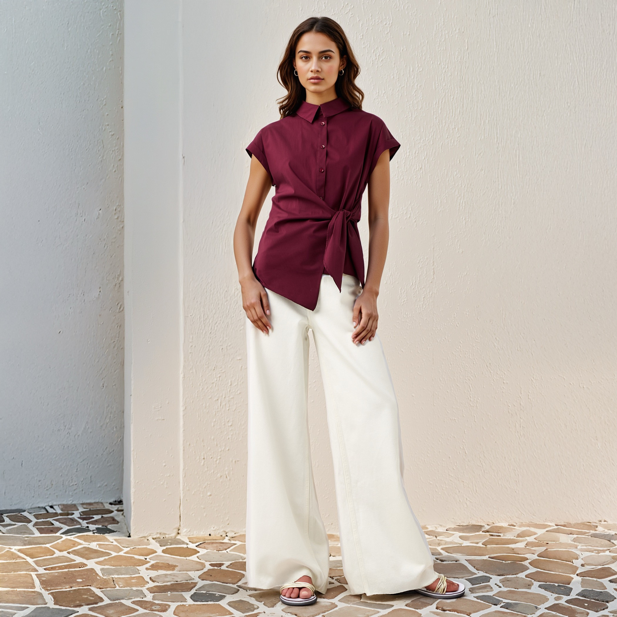 Knot Detail Shirt with Collar and Extended Short Sleeves-women-clothing-shirtsandblouses-shirts-image-2
