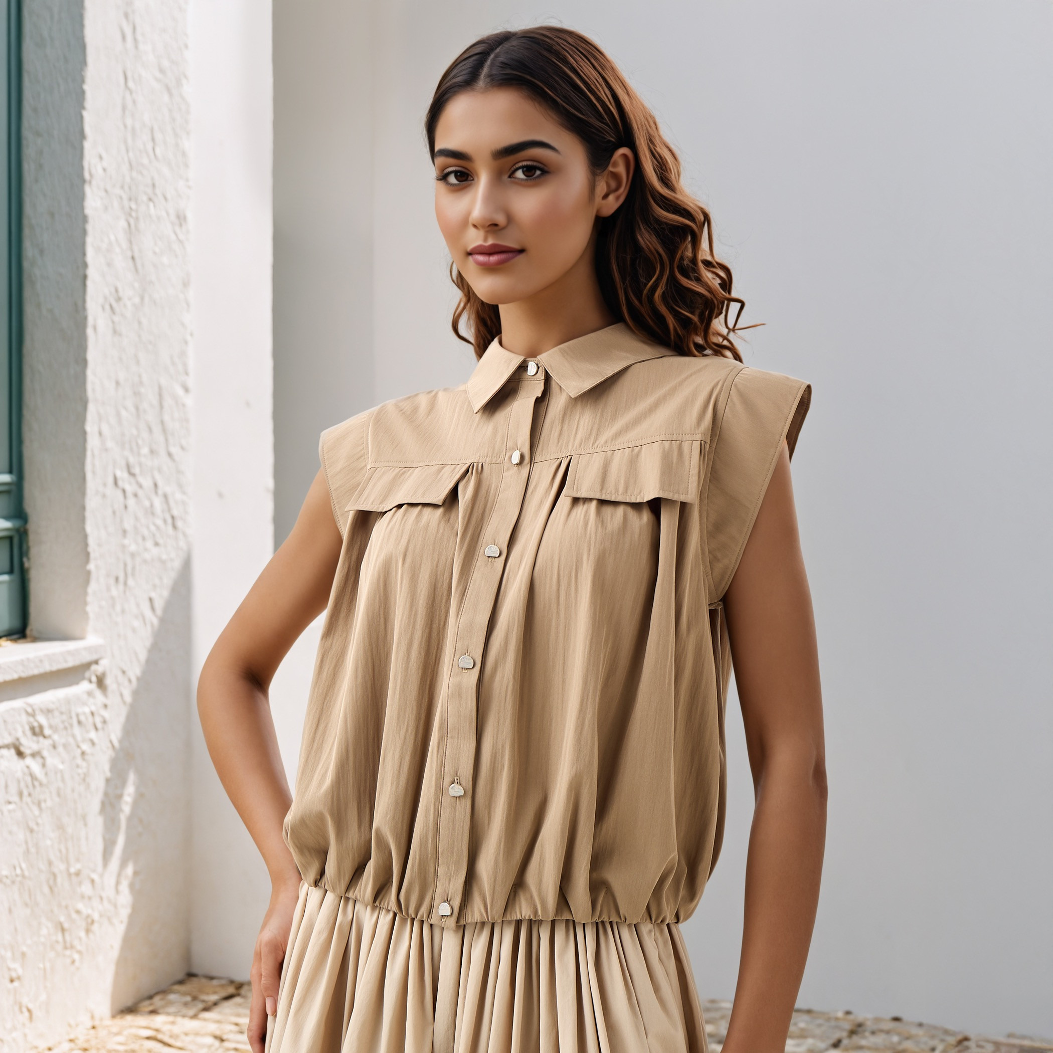 Flap Detail Cap Sleeves Collared Shirt-women-clothing-shirtsandblouses-shirts-image-1