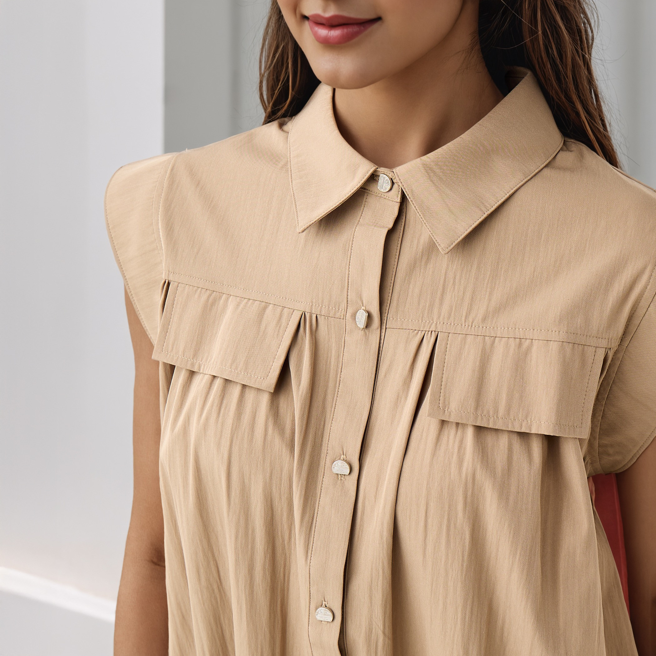 Flap Detail Cap Sleeves Collared Shirt-women-clothing-shirtsandblouses-shirts-image-4