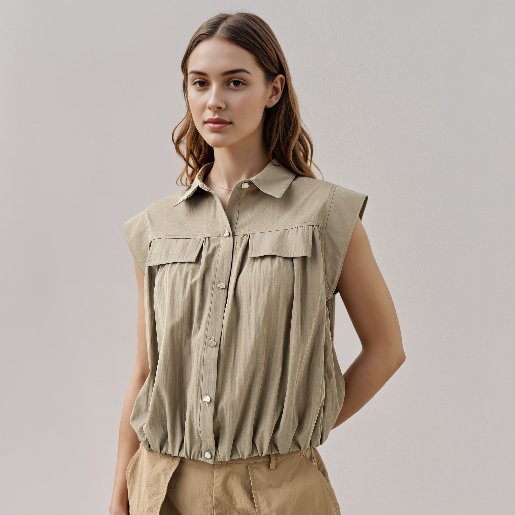 Flap Detail Cap Sleeves Collared Shirt-women-clothing-shirtsandblouses-shirts-image-1