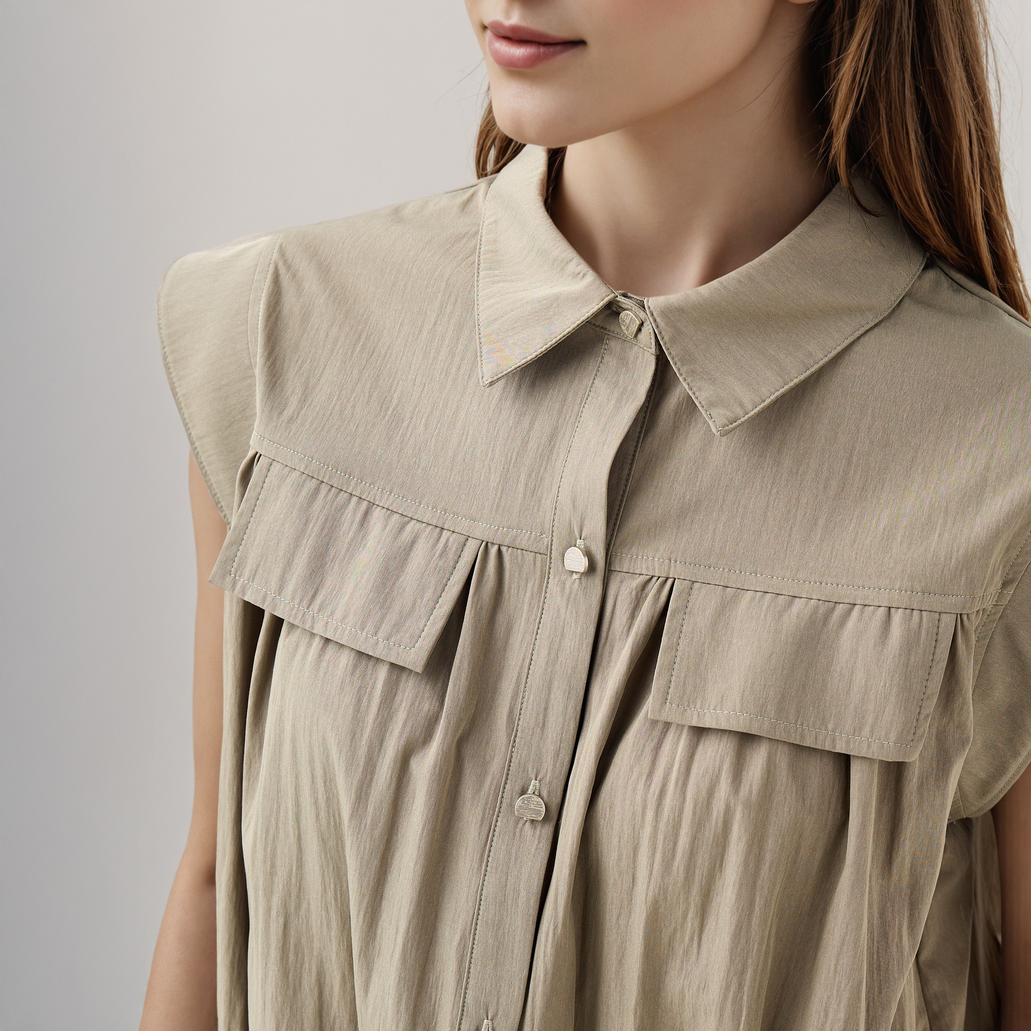 Flap Detail Cap Sleeves Collared Shirt-women-clothing-shirtsandblouses-shirts-image-4