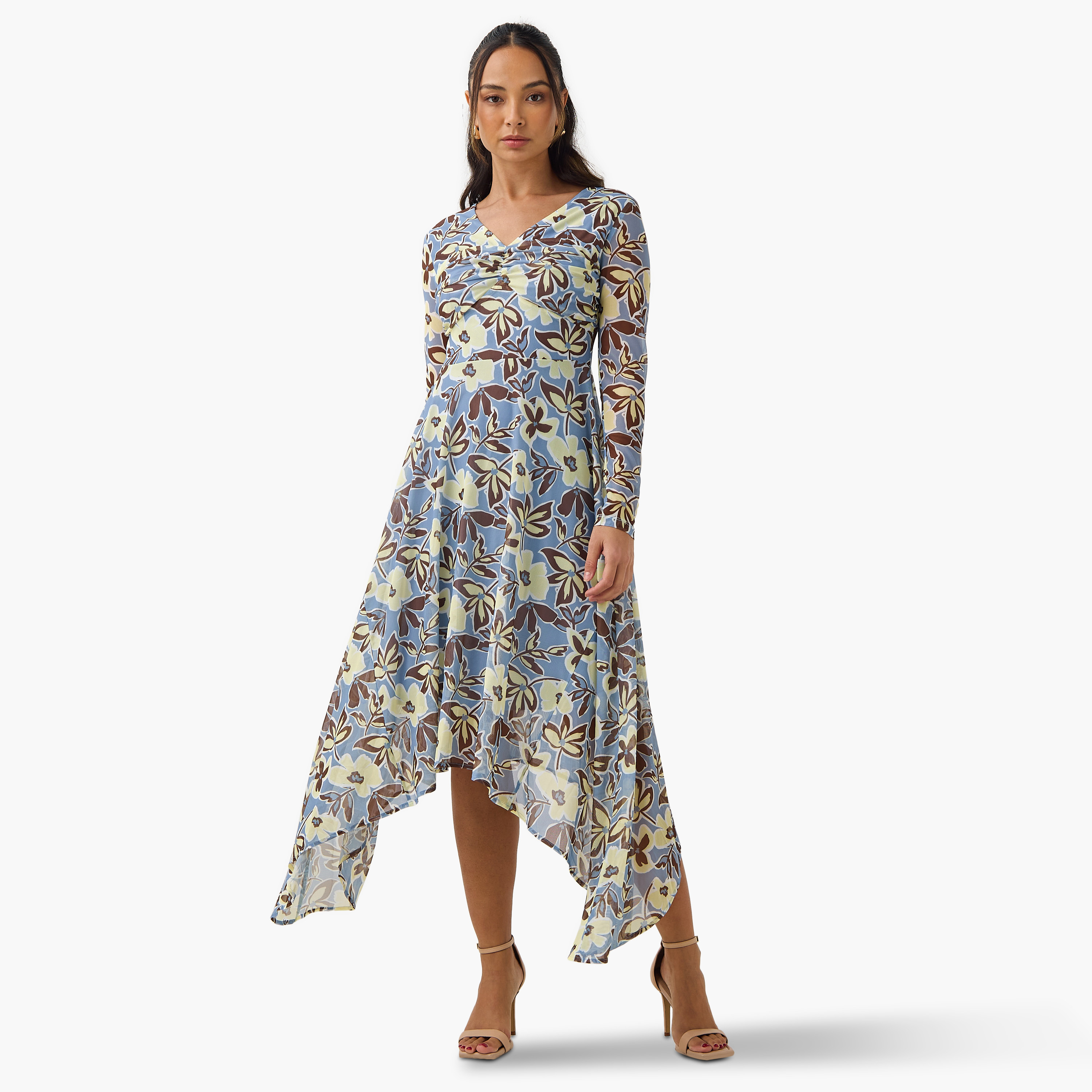 Floral Print V-neck Mesh Dress with Asymmetric Hem-women-clothing-dresses-image-1