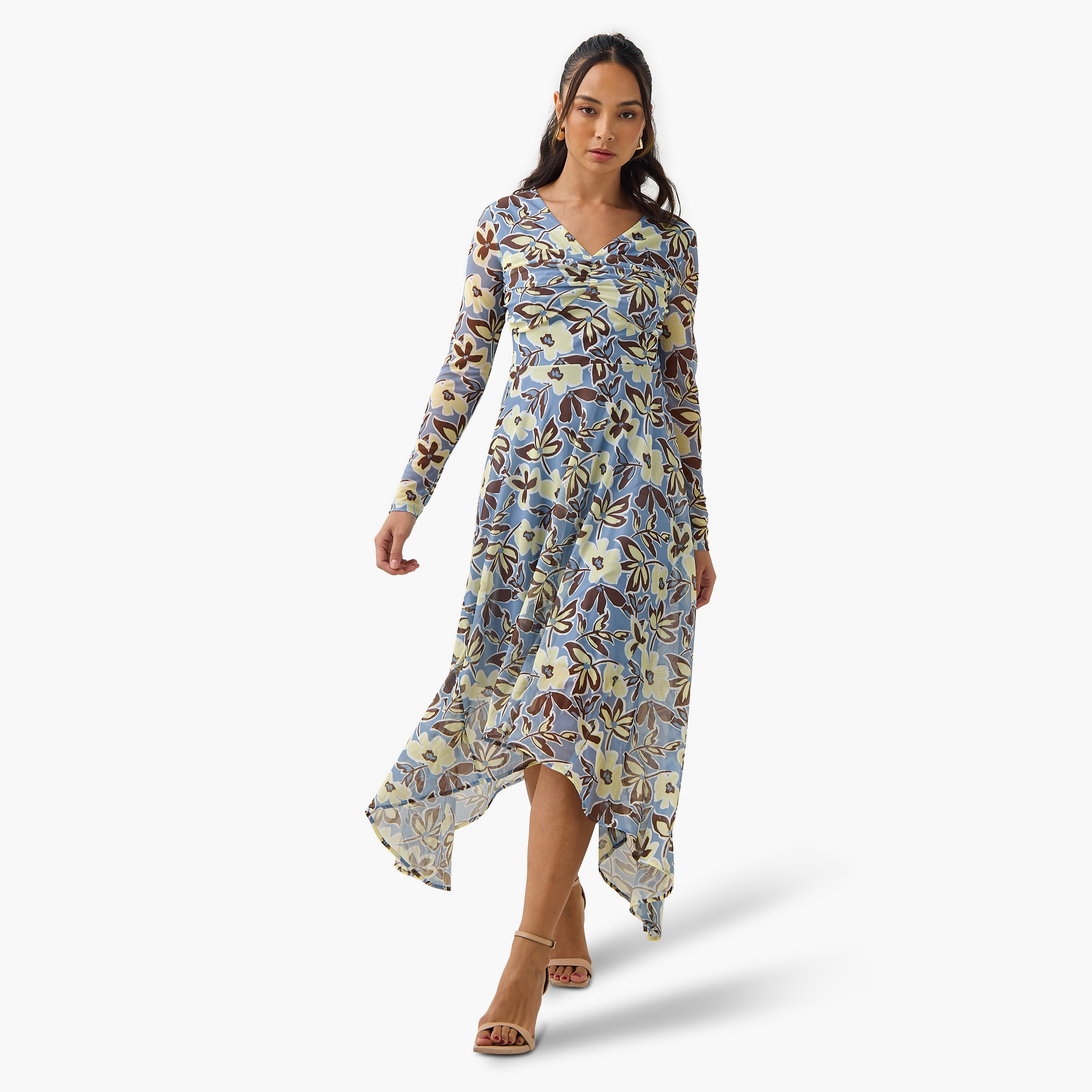 Floral Print V-neck Mesh Dress with Asymmetric Hem-women-clothing-dresses-image-2