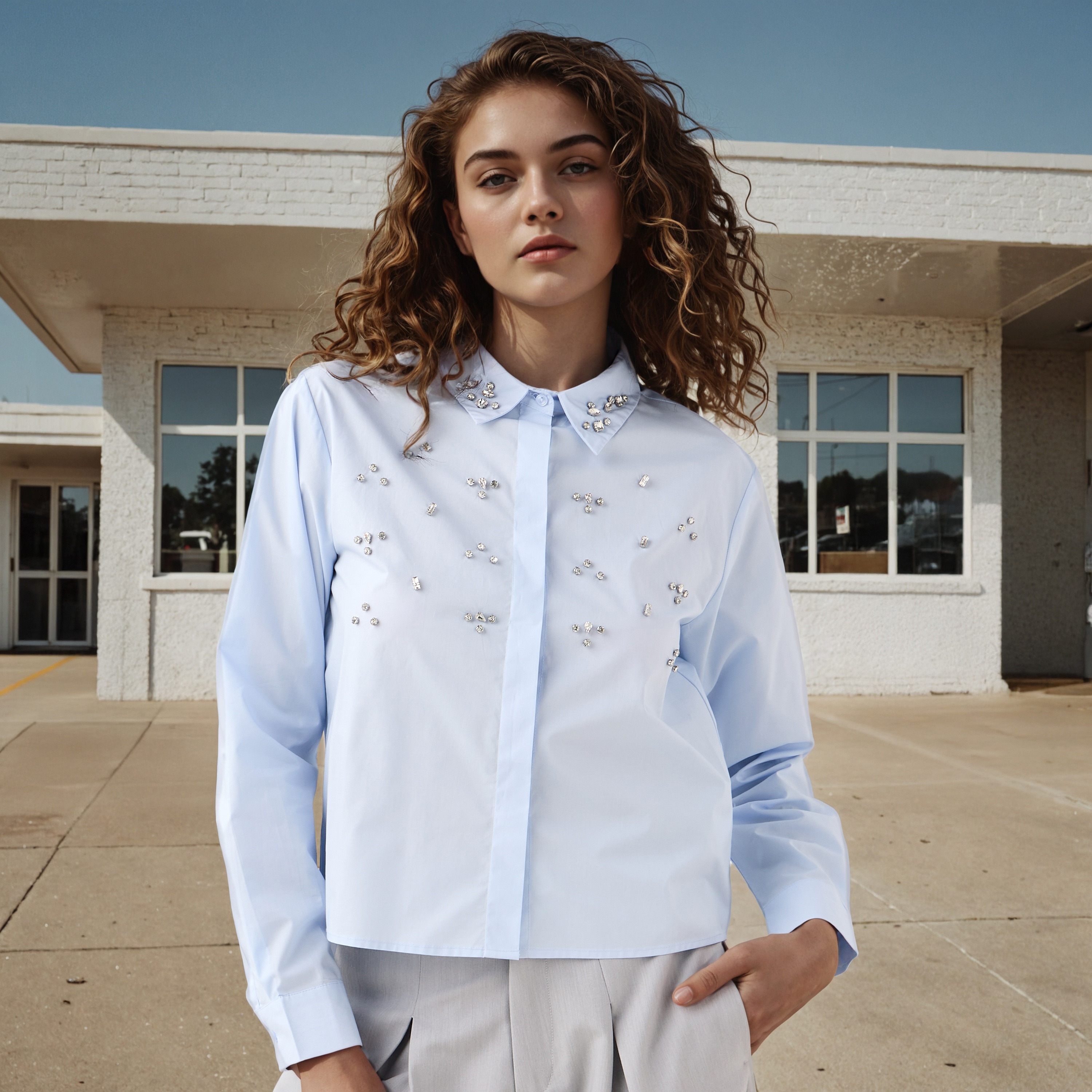 Embellished Cotton Shirt with Long Sleeves-women-clothing-shirtsandblouses-shirts-image-1