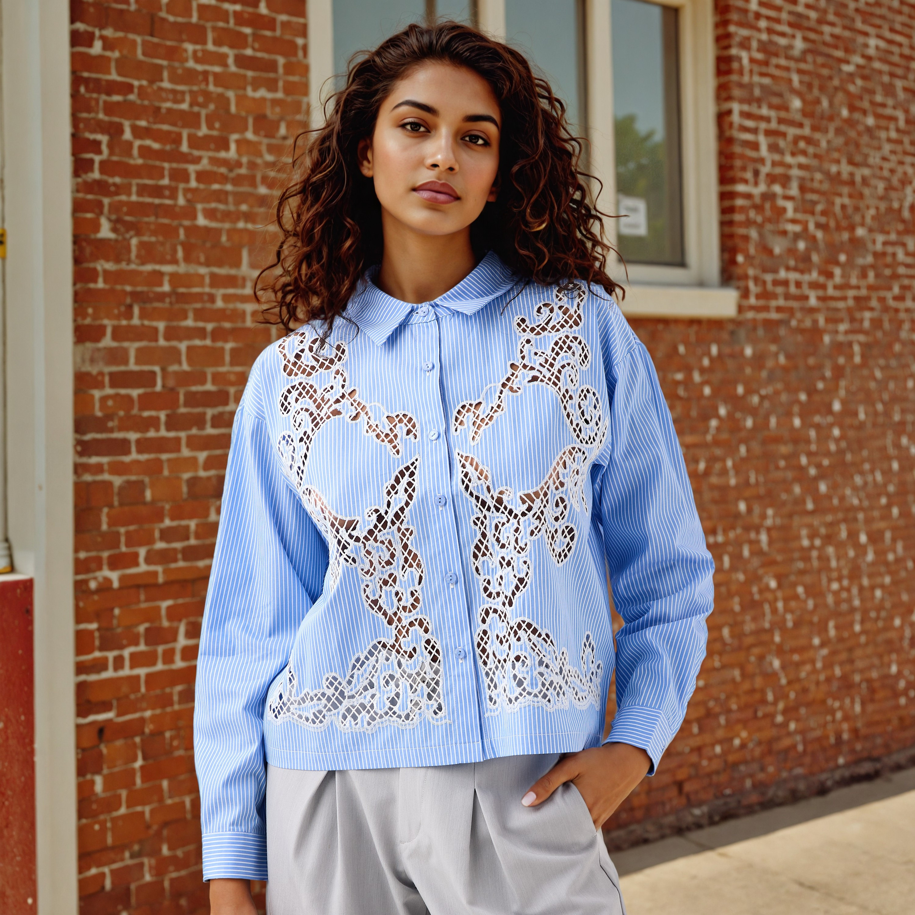 Striped Cutwork Cotton Shirt with Long Sleeves-women-clothing-shirtsandblouses-shirts-image-1