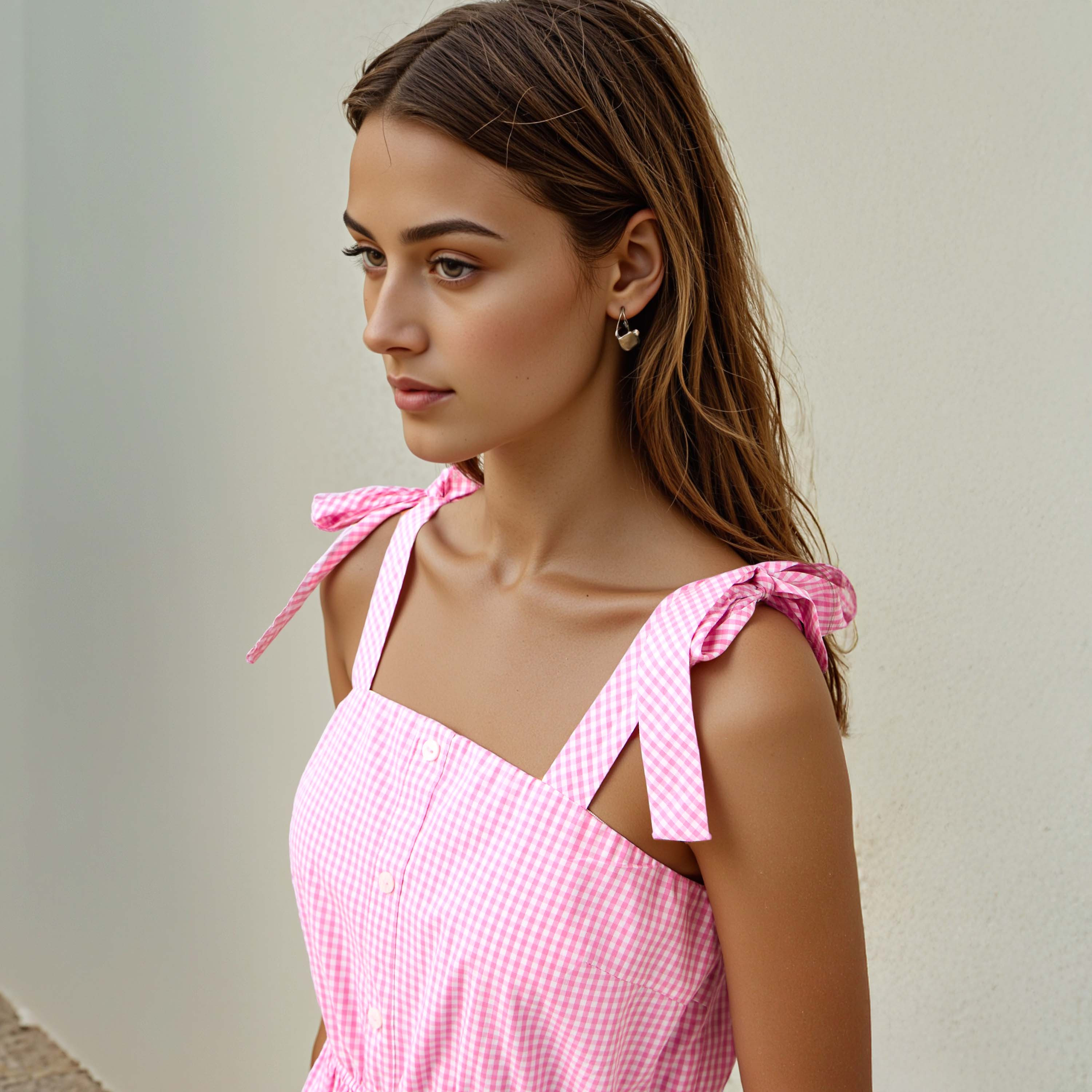 Checked Sleeveless Tiered Square Neck Dress with Tie-Up Detail-women-clothing-dresses-image-4