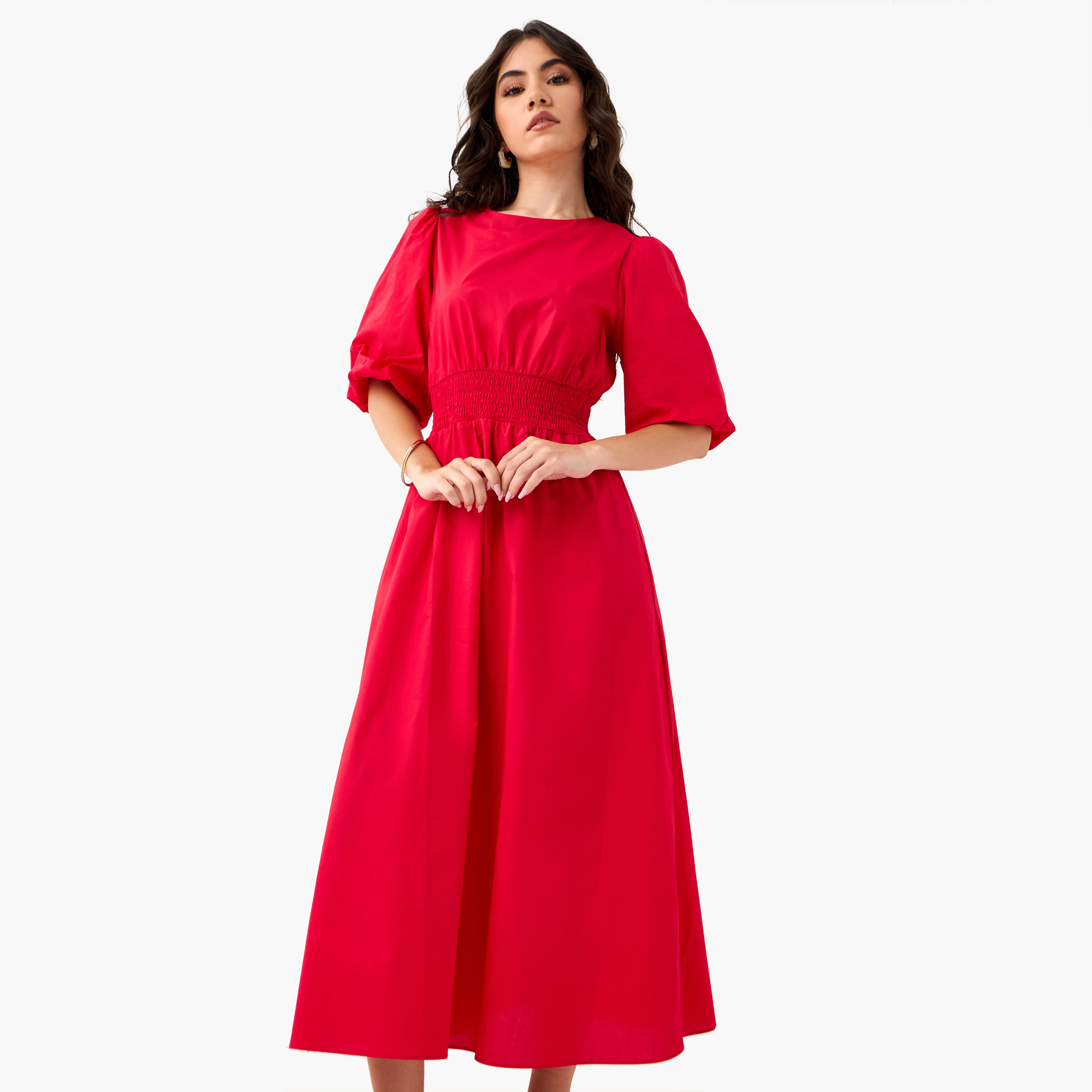 Smocked Detail Midi Cotton Dress with Balloon Sleeves-women-clothing-dresses-image-1