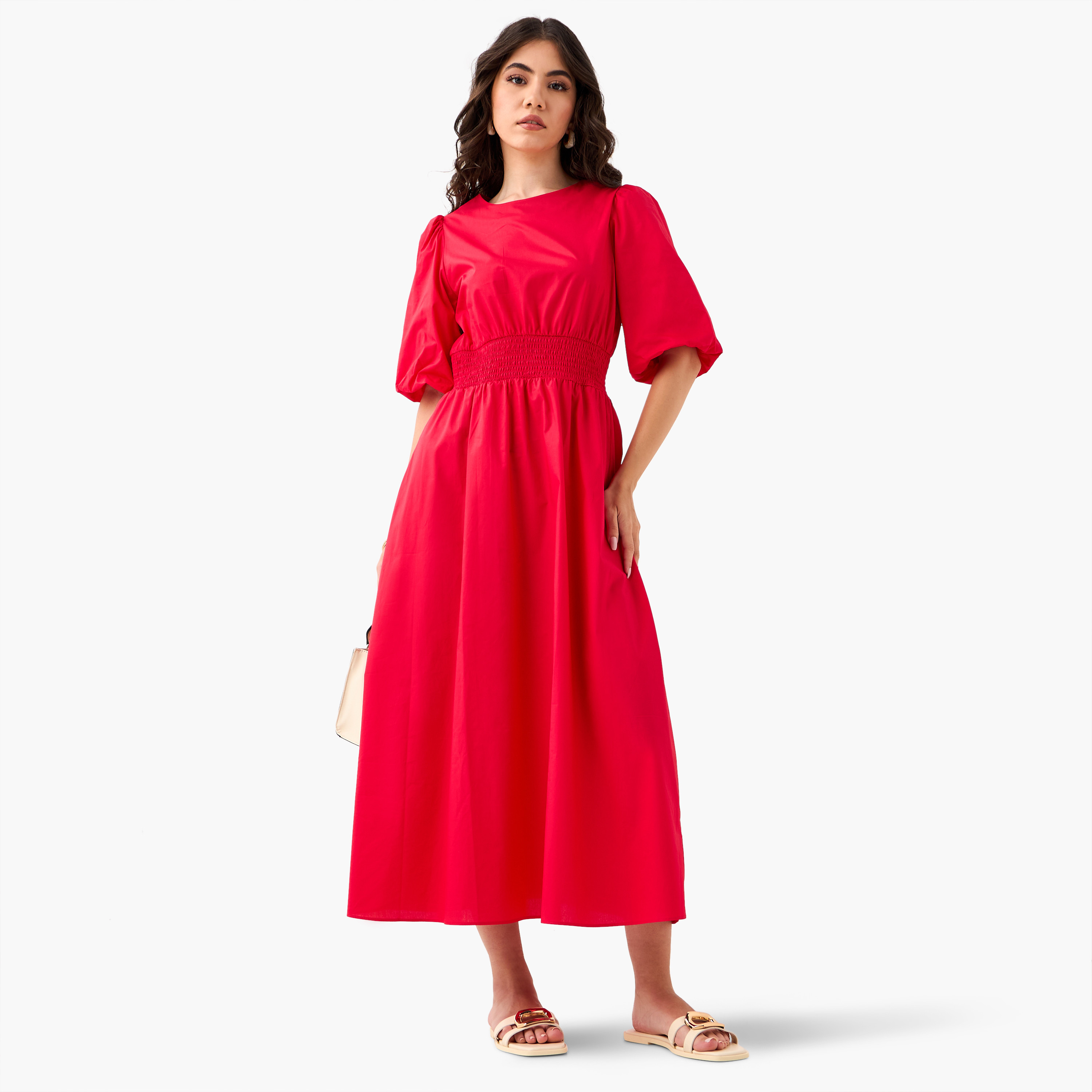 Smocked Detail Midi Cotton Dress with Balloon Sleeves-women-clothing-dresses-image-2