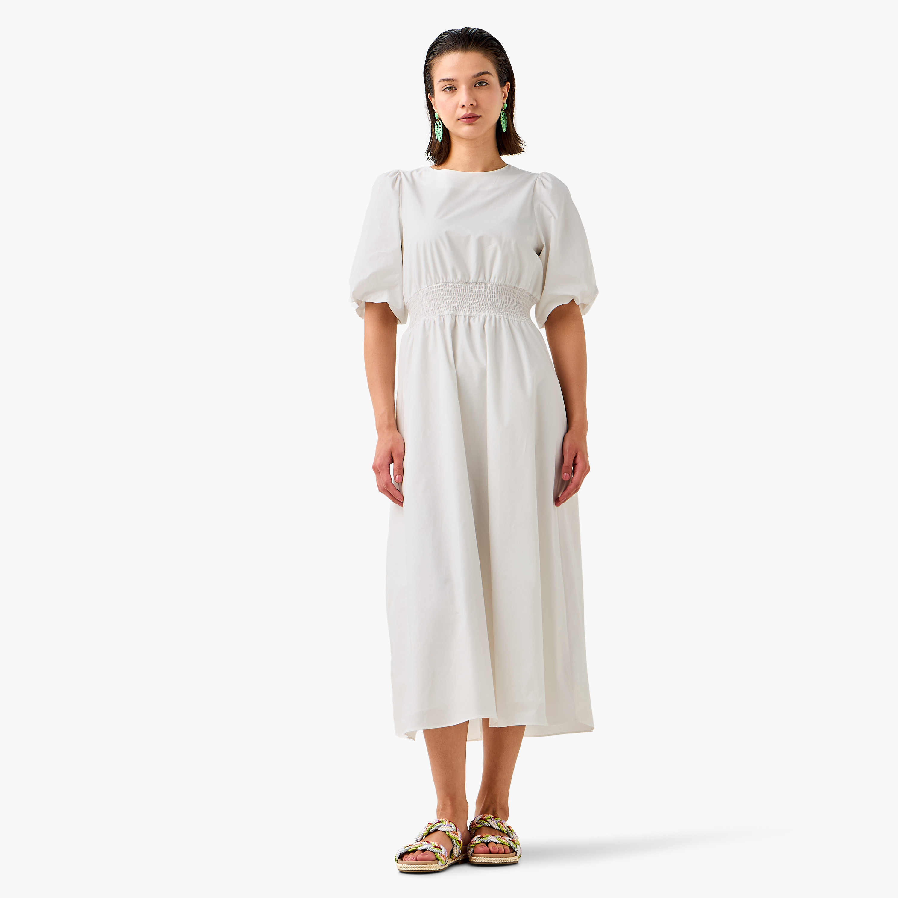 Smocked Detail Midi Cotton Dress with Balloon Sleeves-women-clothing-dresses-image-1