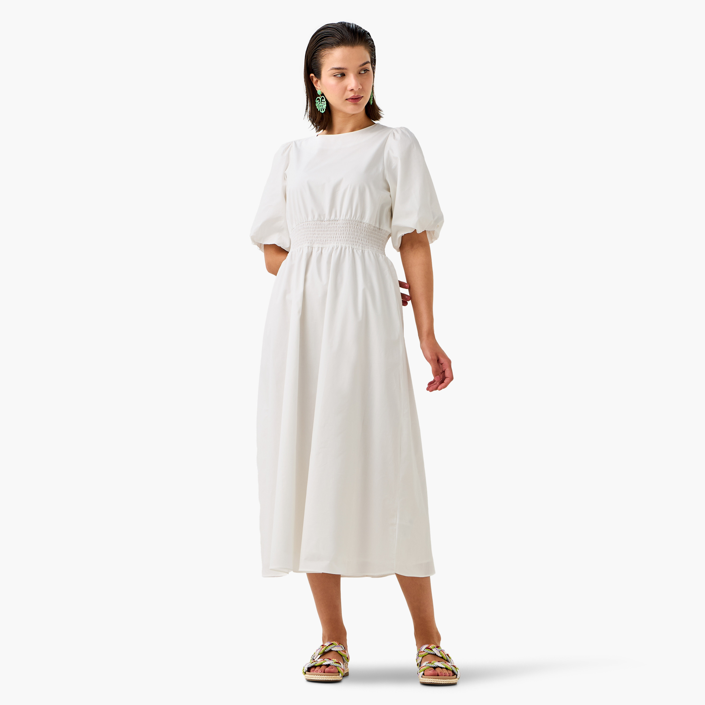 Smocked Detail Midi Cotton Dress with Balloon Sleeves-women-clothing-dresses-image-2