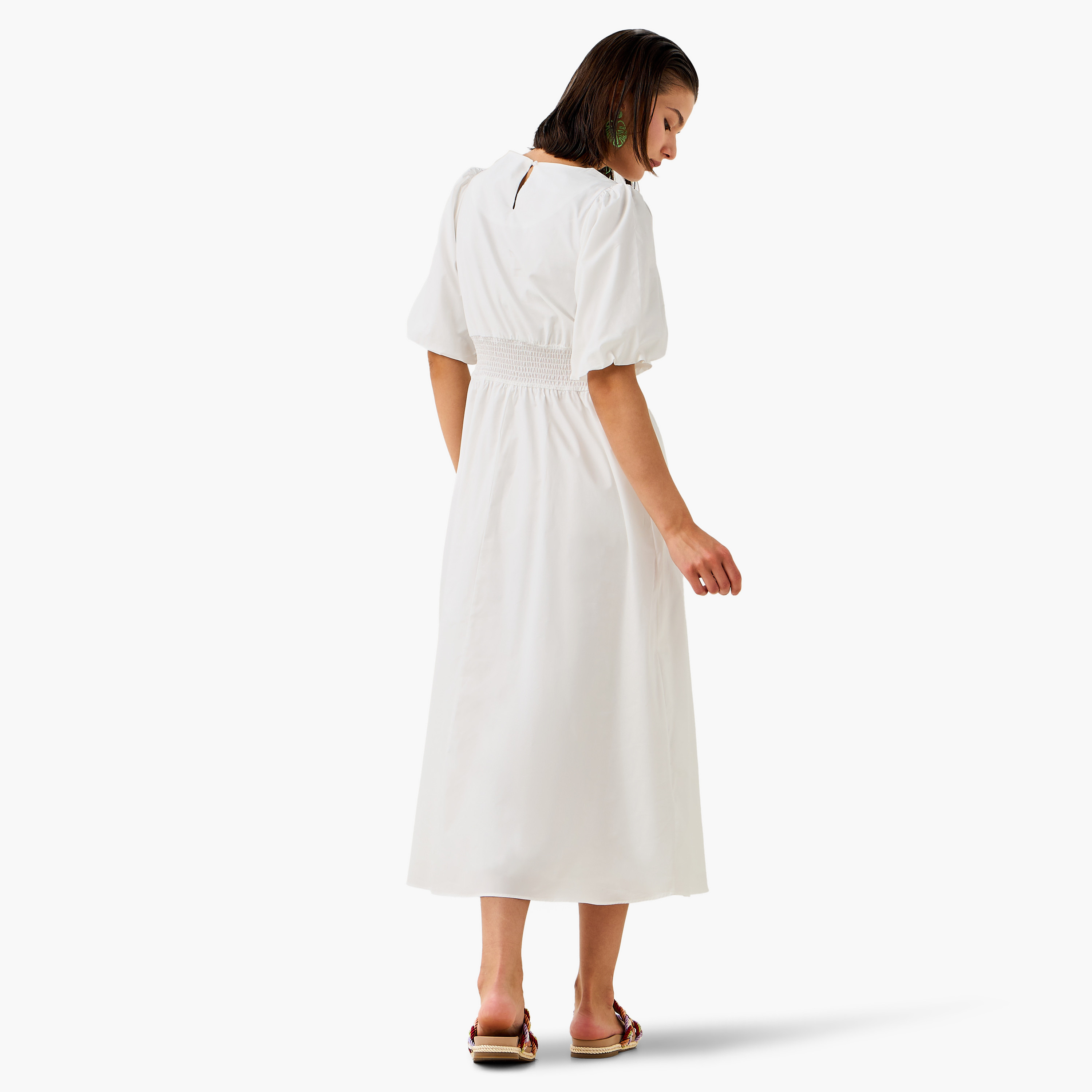 Smocked Detail Midi Cotton Dress with Balloon Sleeves-women-clothing-dresses-image-3