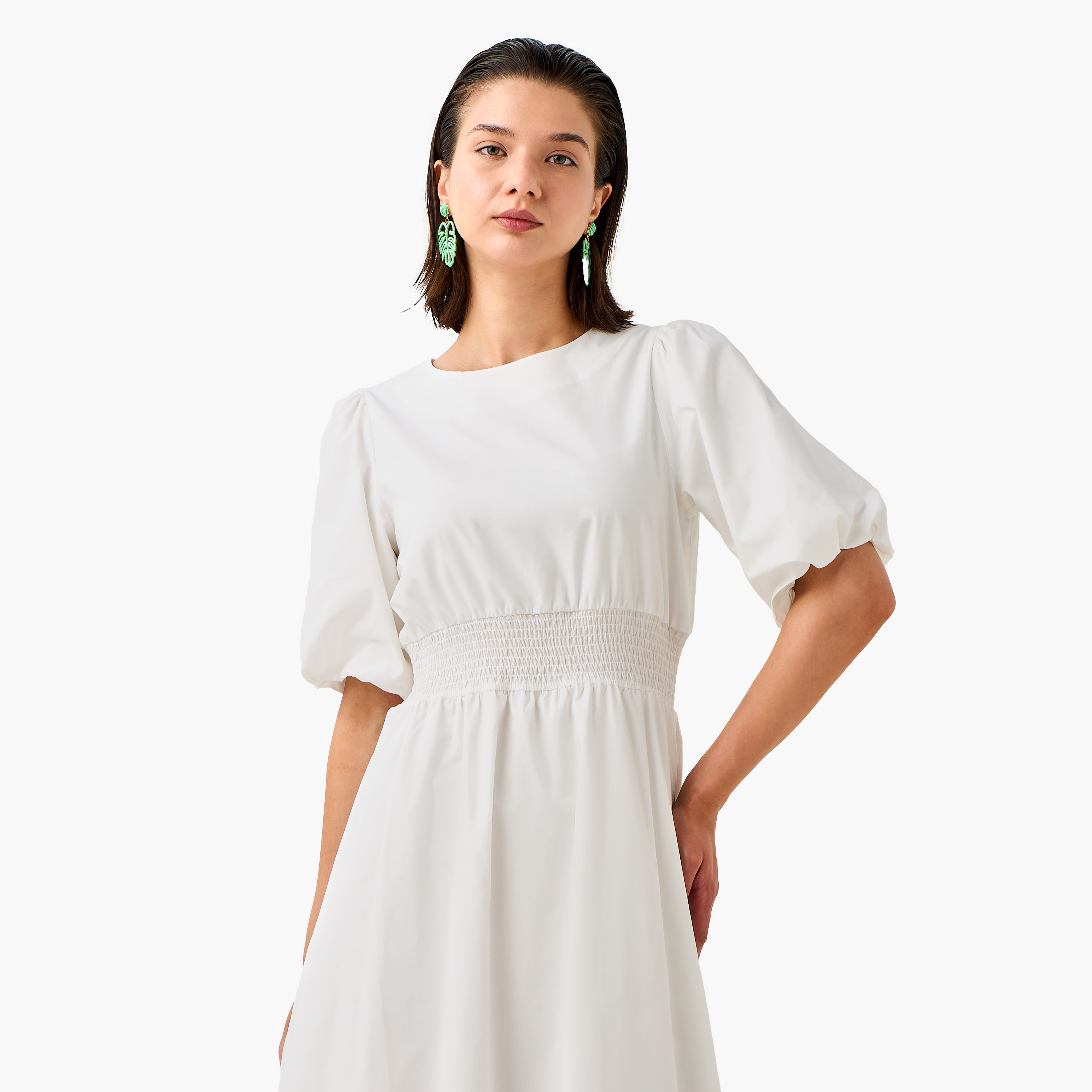 Smocked Detail Midi Cotton Dress with Balloon Sleeves-women-clothing-dresses-image-4