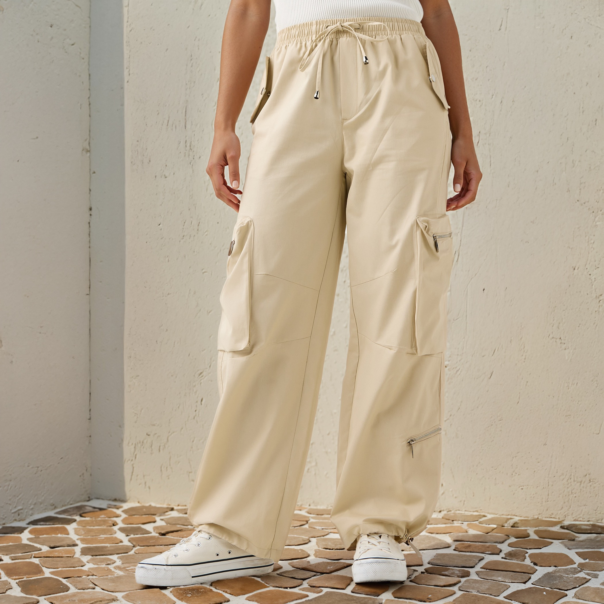 Cargo Pants with Zipper Pockets and Drawstring Closure-women-clothing-bottoms-trousers-image-1