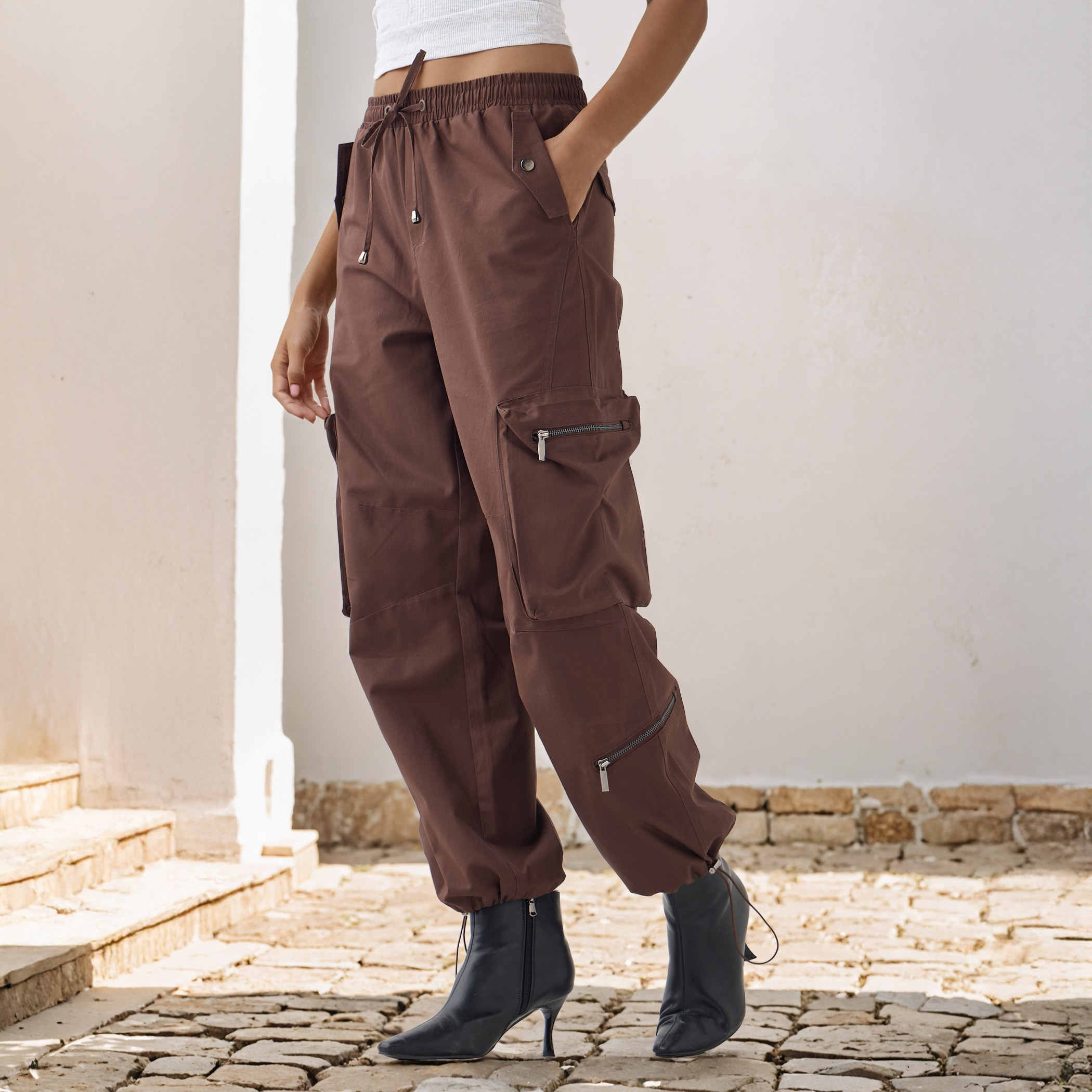 Flexi Waist Cargo Pants with Zipper Pockets-women-clothing-bottoms-trousers-image-1