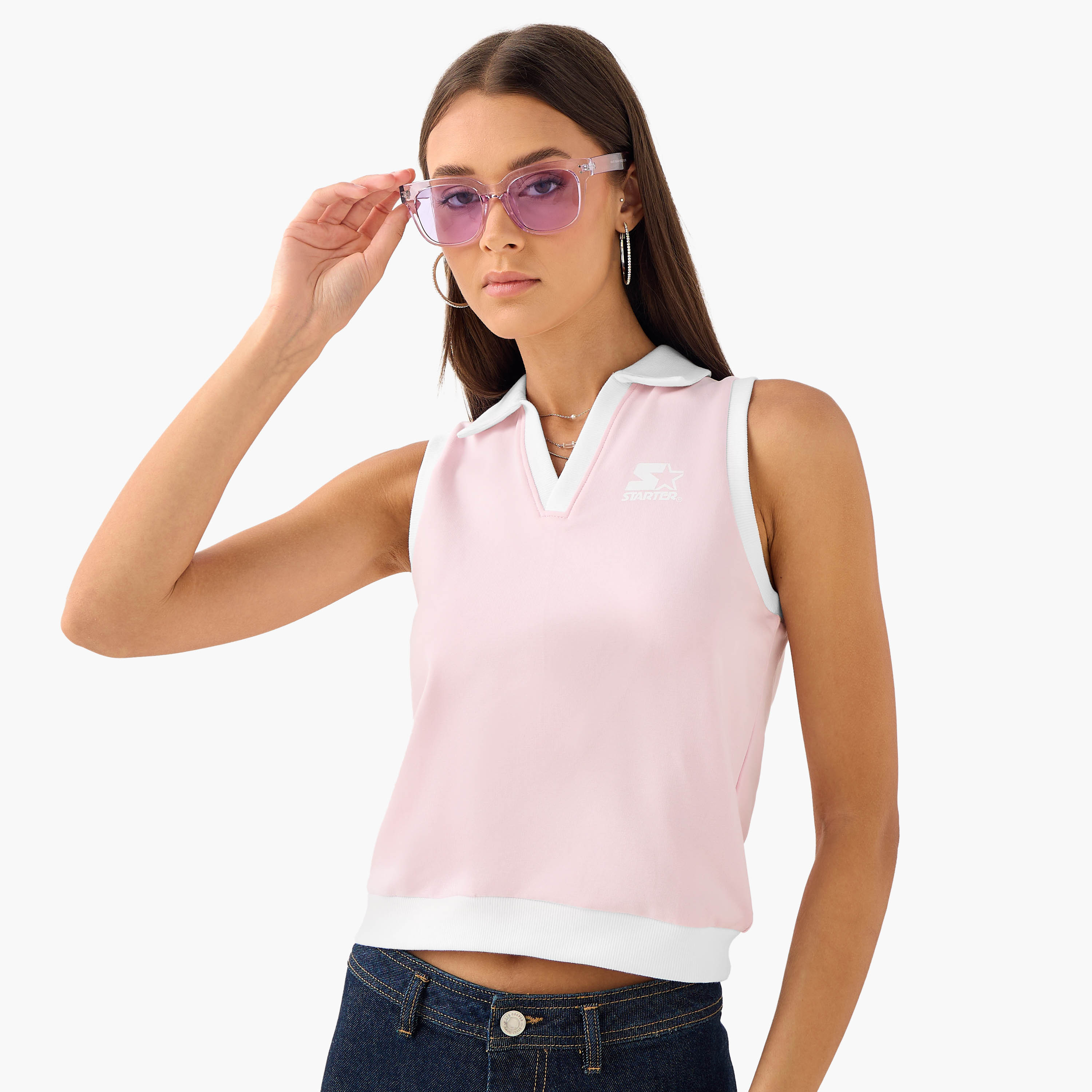 Contrast Piping Sleeveless Polo T-shirt-women-clothing-tshirts-image-1