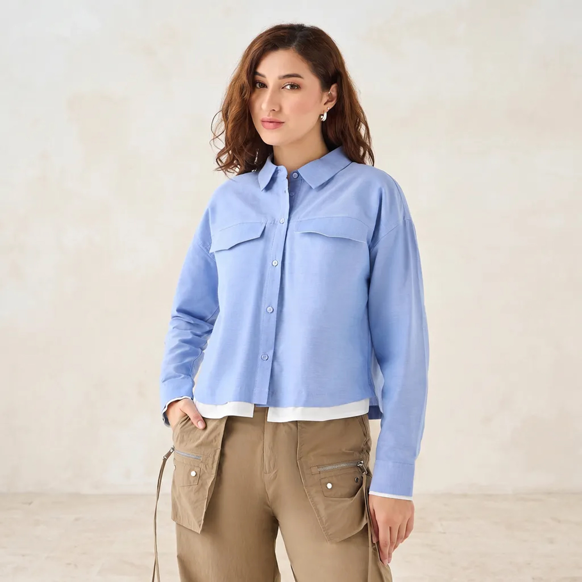 قميص قطن قصير بجيب-women-clothing-shirtsandblouses-shirts-image-1