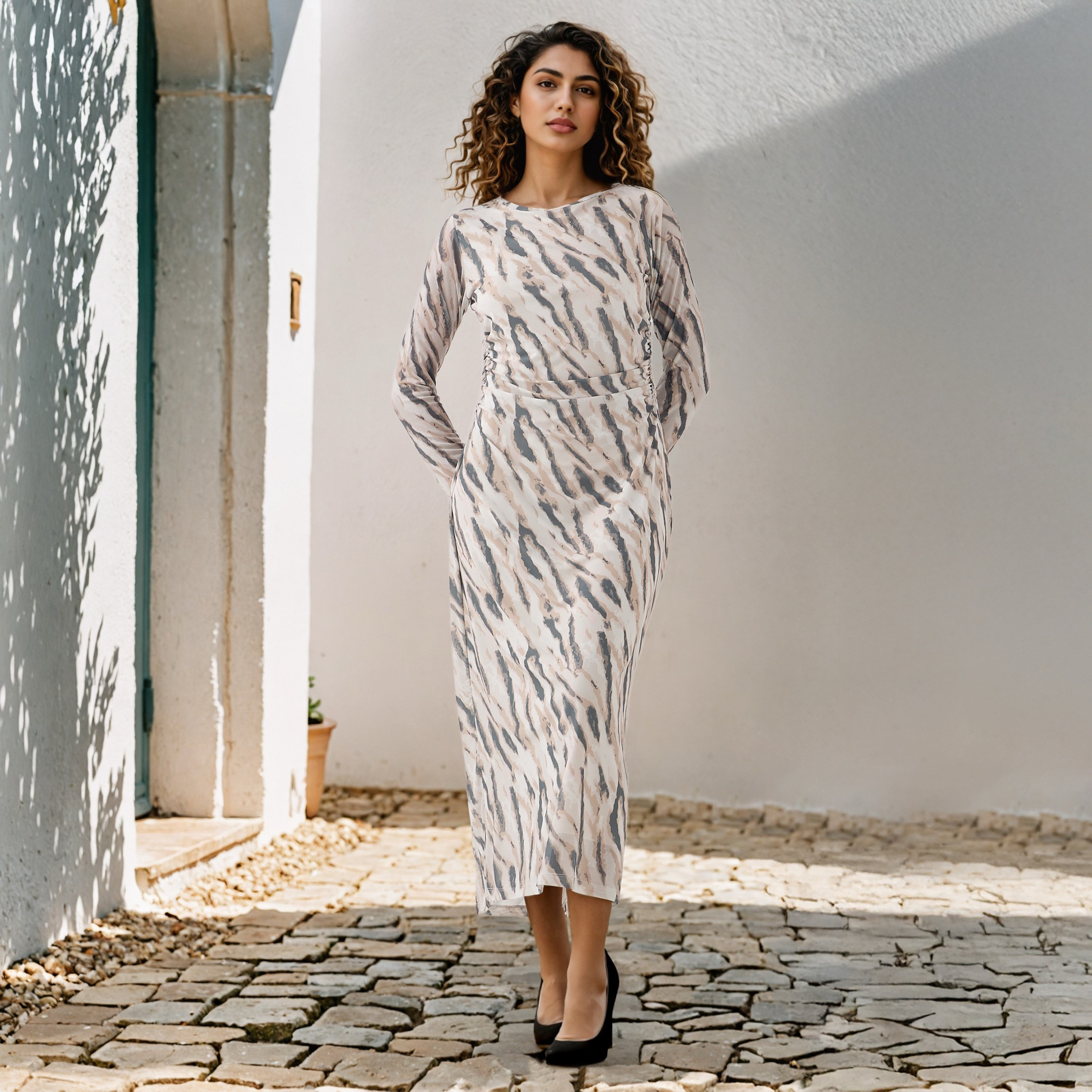 All-Over Print Mesh Dress with Ruched Detail-women-clothing-dresses-image-2
