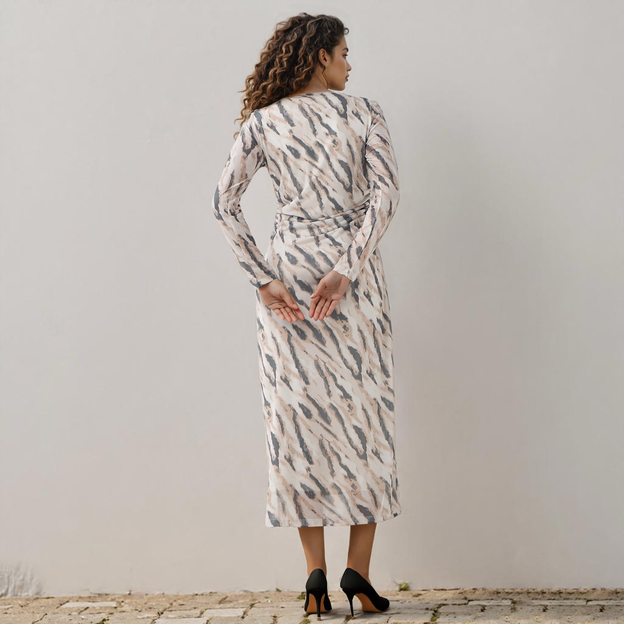 All-Over Print Mesh Dress with Ruched Detail-women-clothing-dresses-image-3