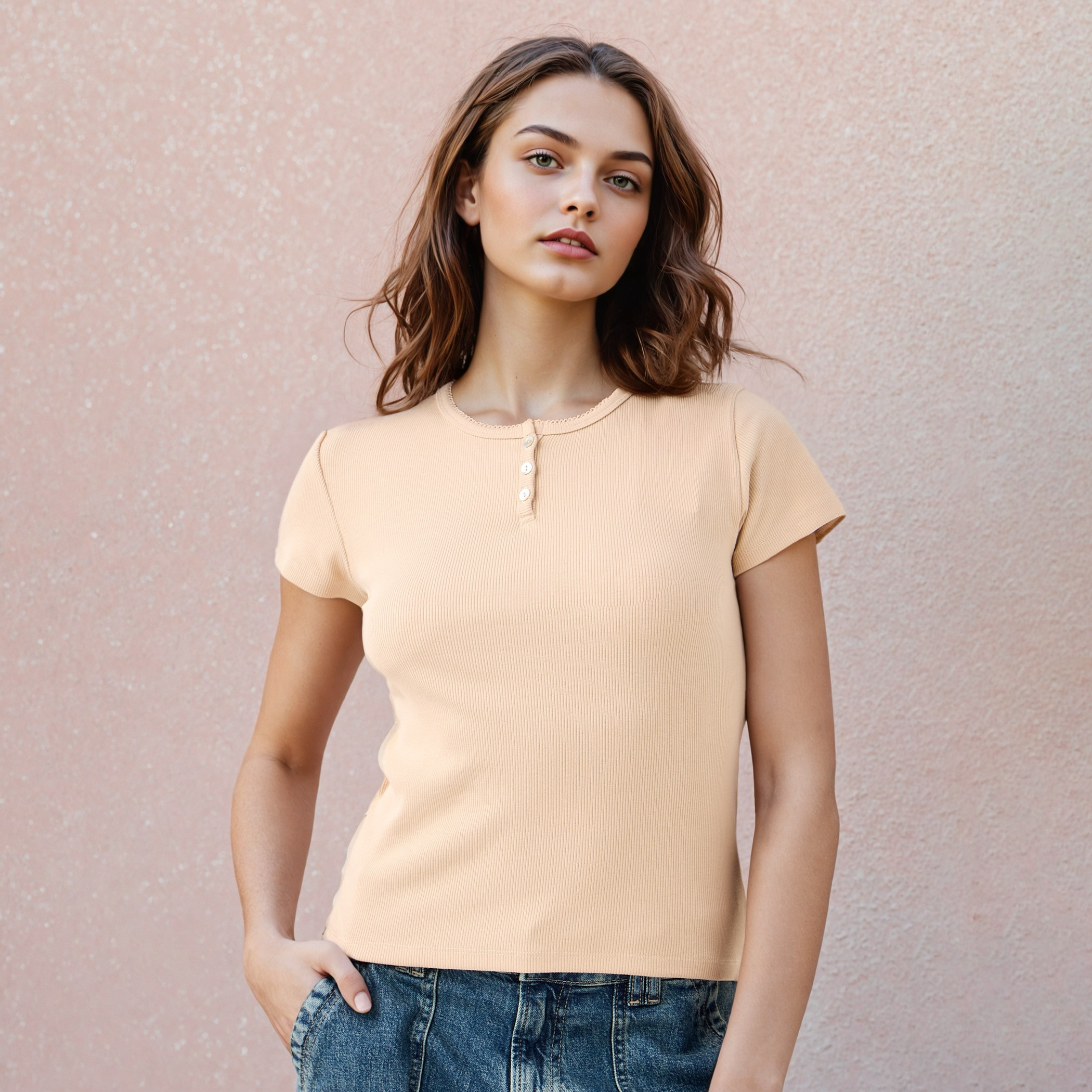 Ribbed Henley Neck T-shirt-women-clothing-tshirts-image-1