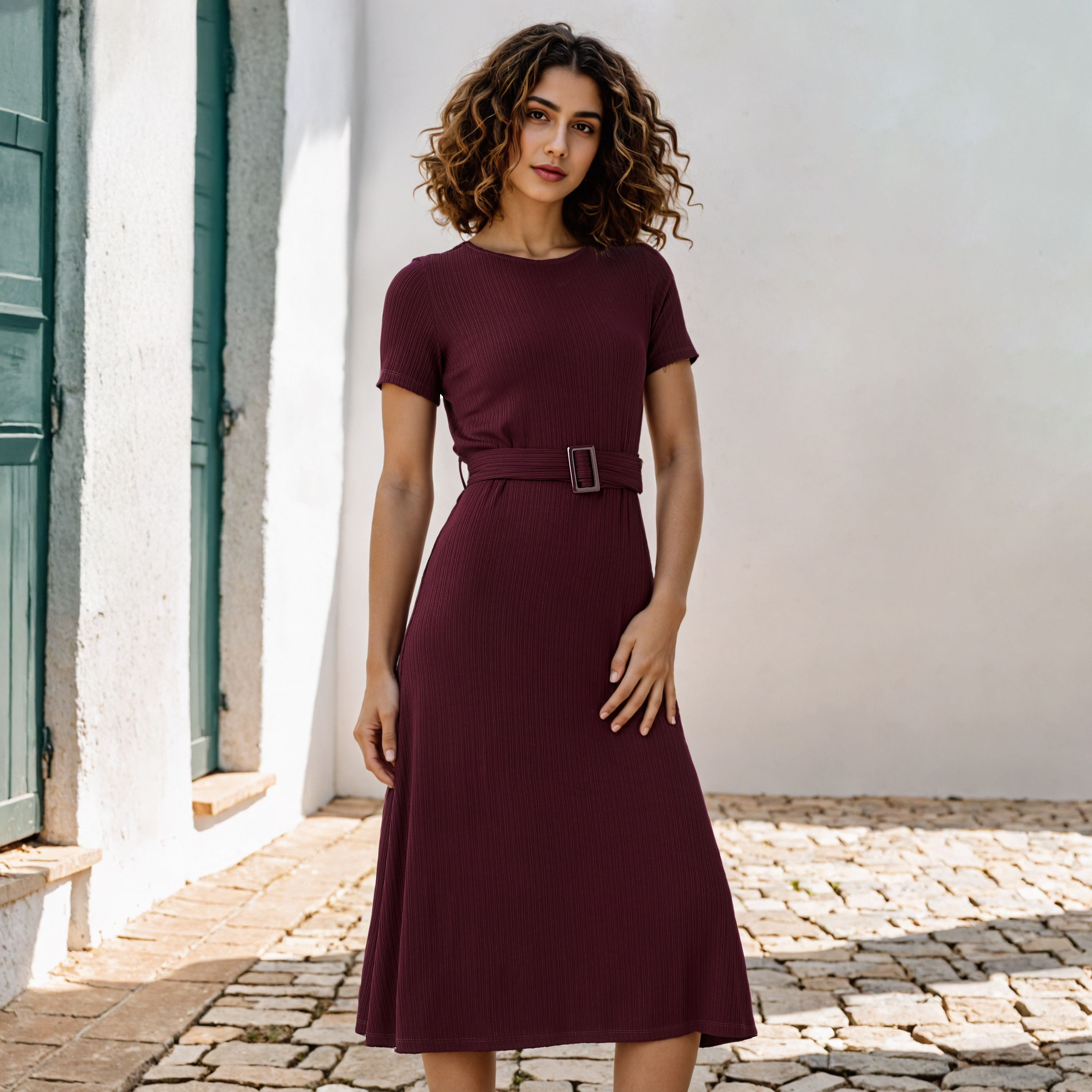 فستان ميدي مضلع بحزام قابل للفصل-women-clothing-dresses-image-1
