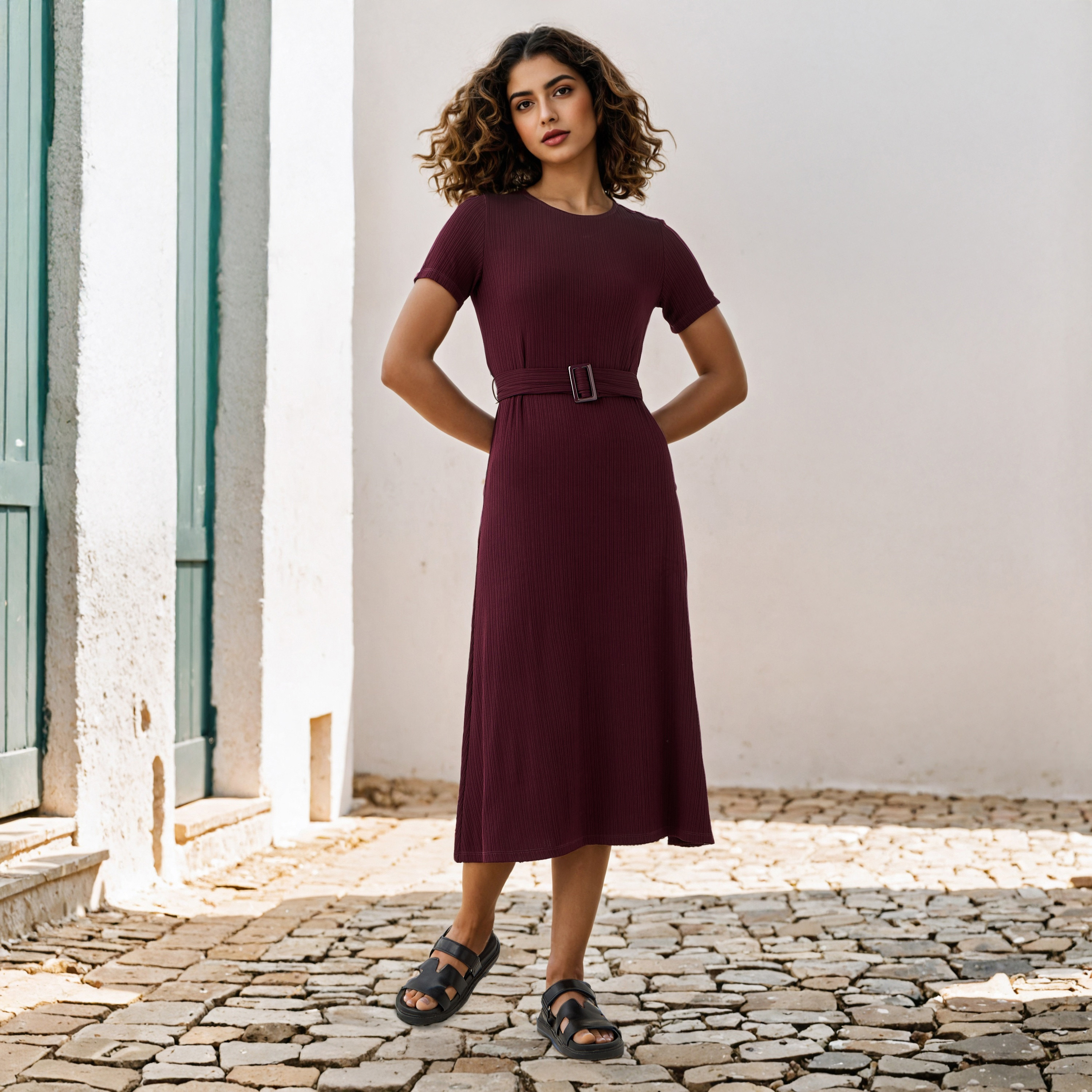 فستان ميدي مضلع بحزام قابل للفصل-women-clothing-dresses-image-2
